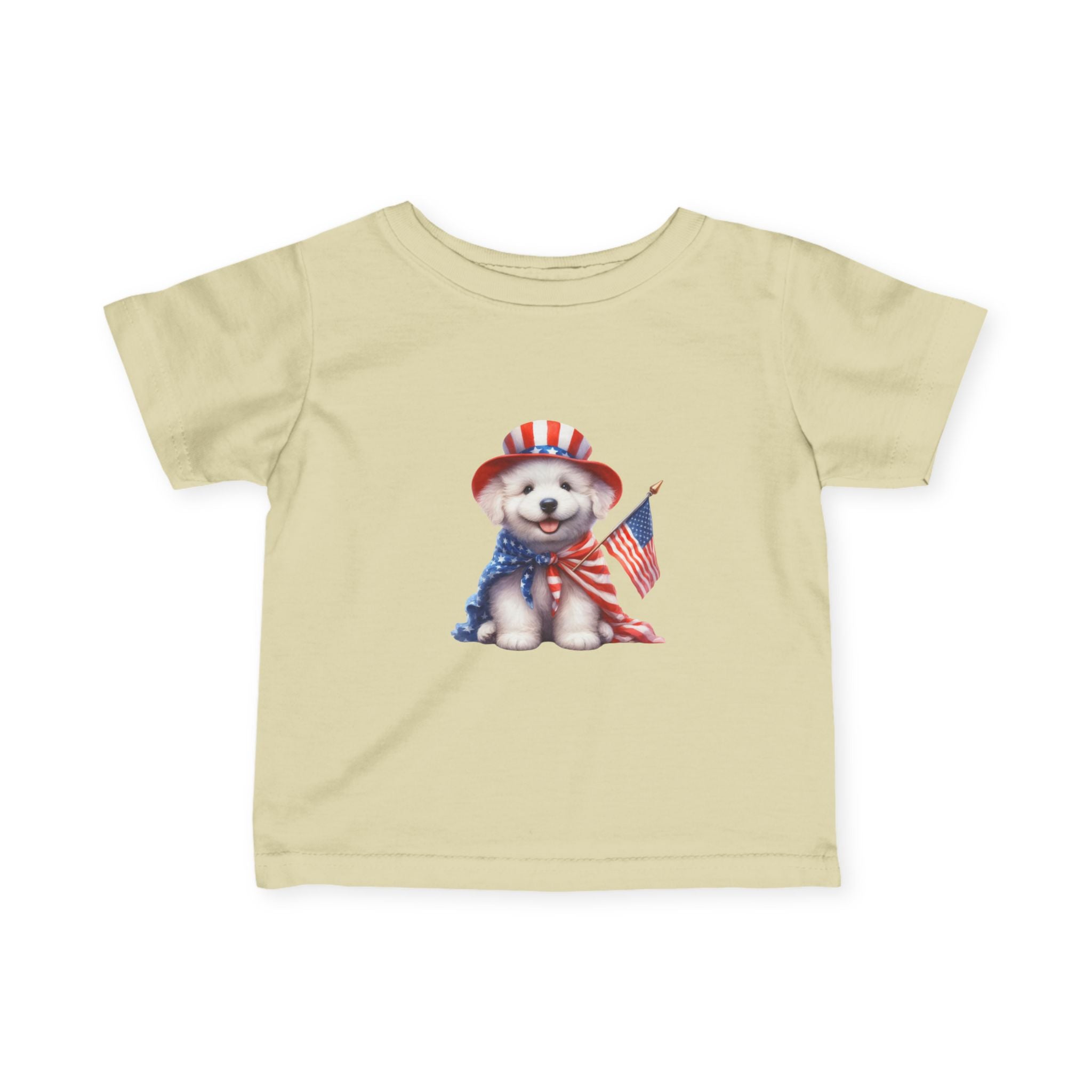 Infant Tee – Patriotic Puppy with American Flag (4th of July Baby Shirt)