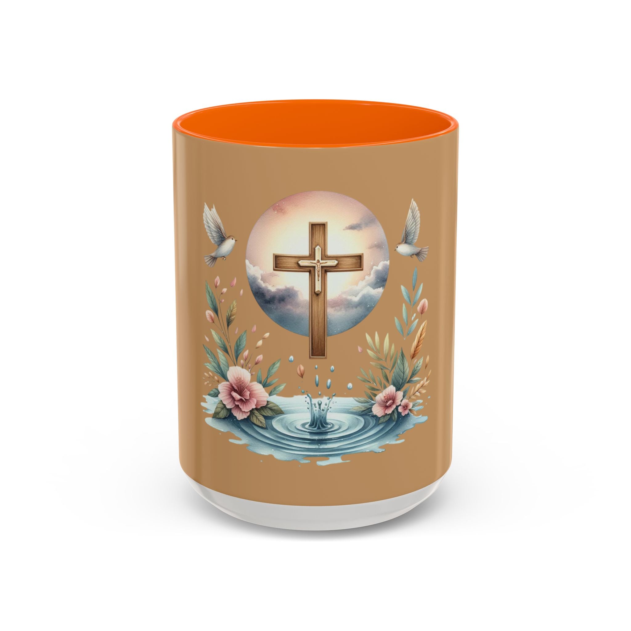 Christian Cross Accent Coffee Mug — Faith, Doves & Floral Baptism Gift (11/15oz)