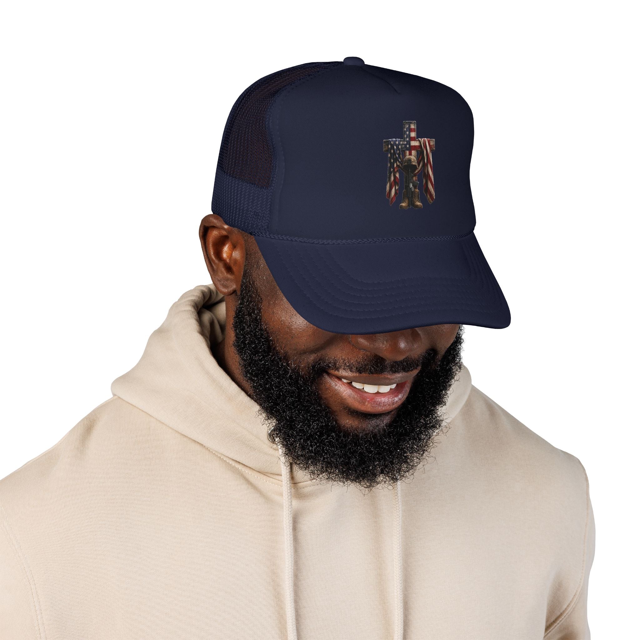 Trucker Hat — American Flag Cross with Soldier Memorial Design