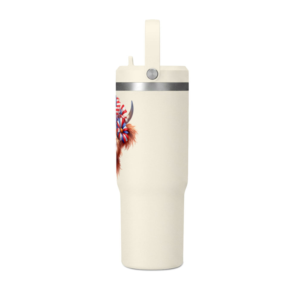Patriotic Highland Cow 32oz Tumbler – Insulated Travel Mug with American Flag Floral Design