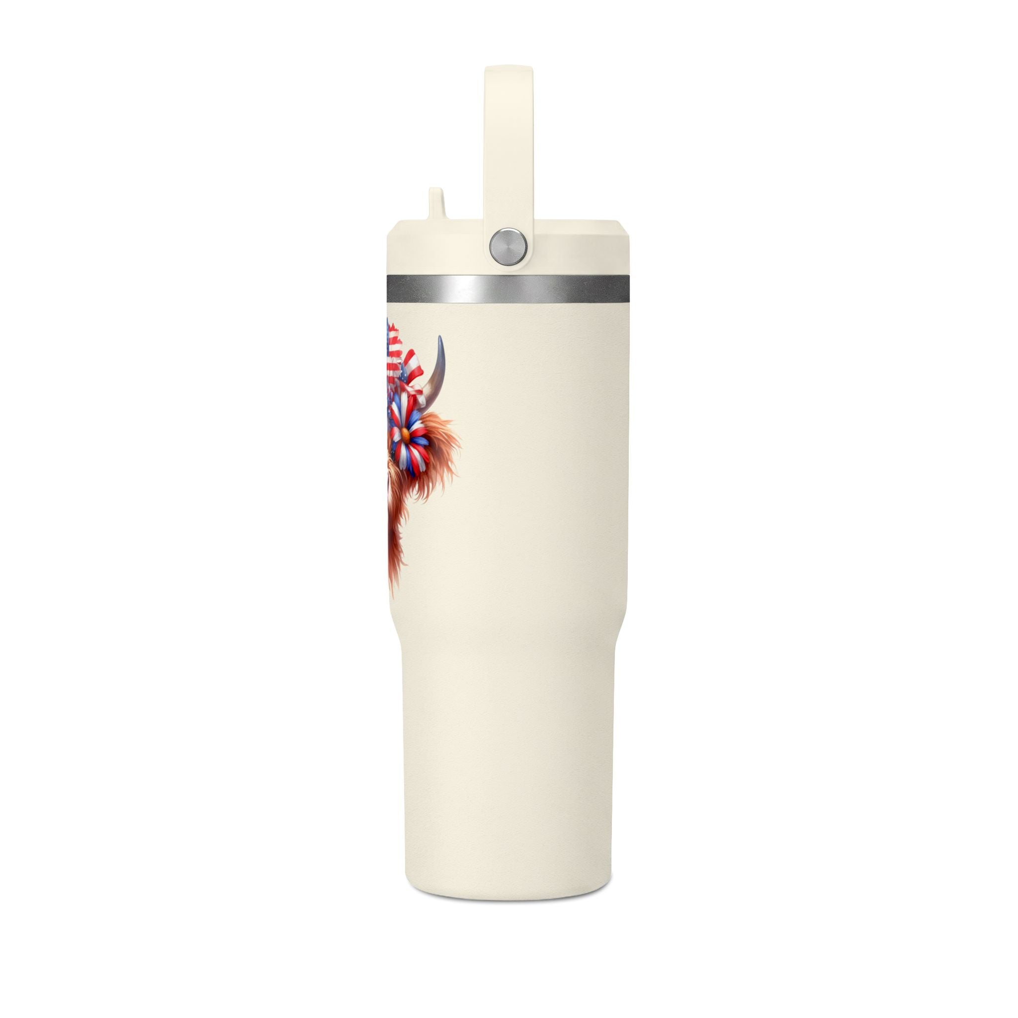 Patriotic Highland Cow 32oz Tumbler – Insulated Travel Mug with American Flag Floral Design