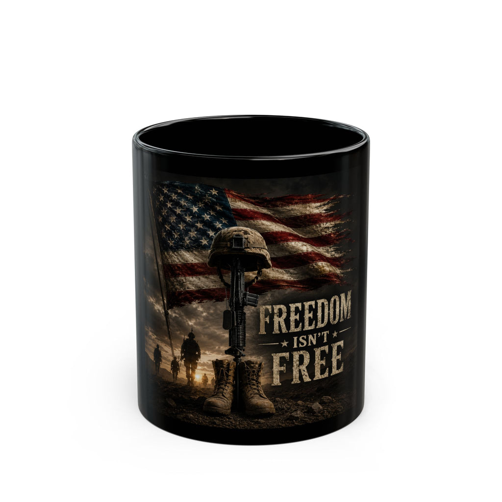 Freedom Isn't Free Black Mug — Military Tribute Coffee Cup, American Flag & Battlefield Memorial (11oz/15oz)