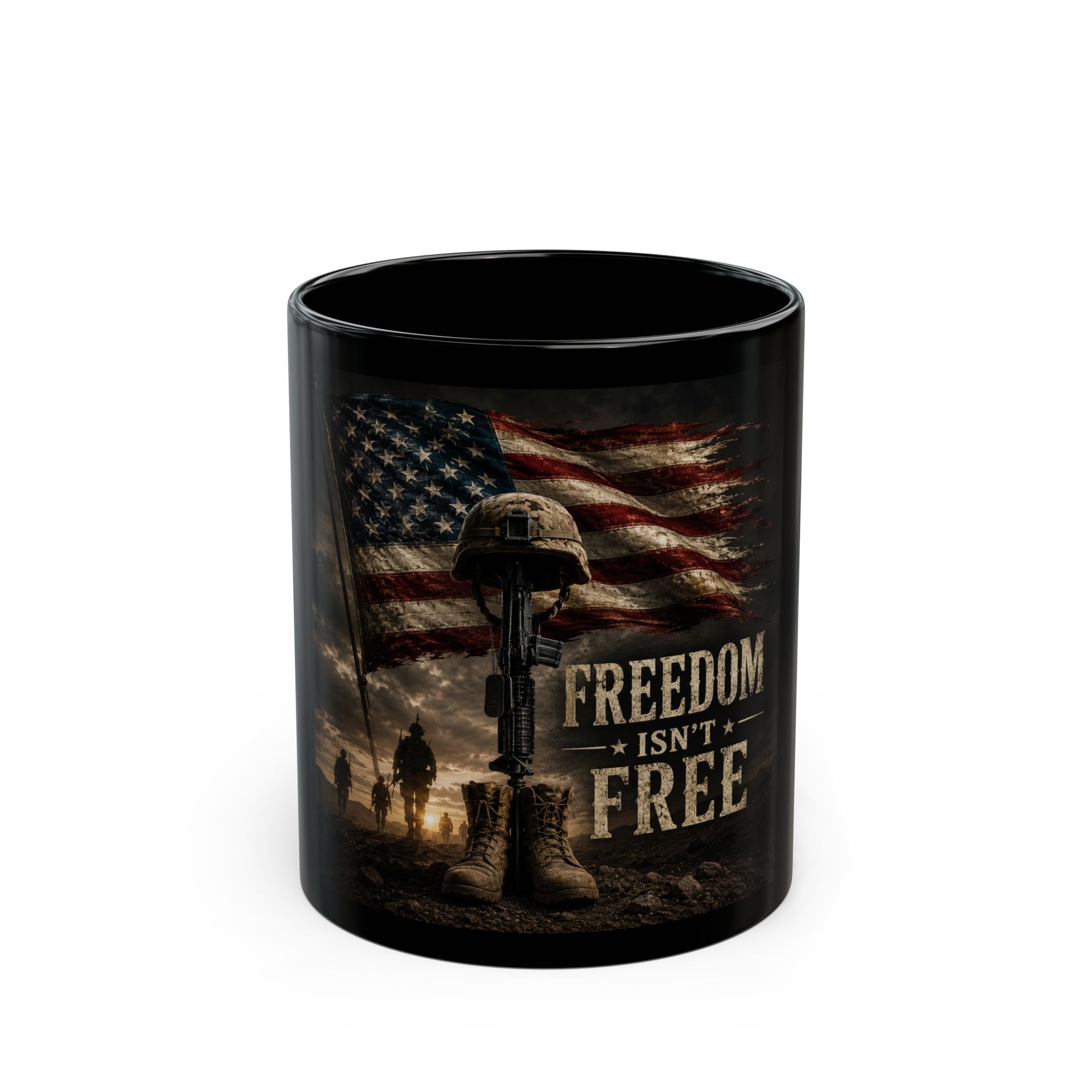 Freedom Isn't Free Black Mug — Military Tribute Coffee Cup, American Flag & Battlefield Memorial (11oz/15oz)
