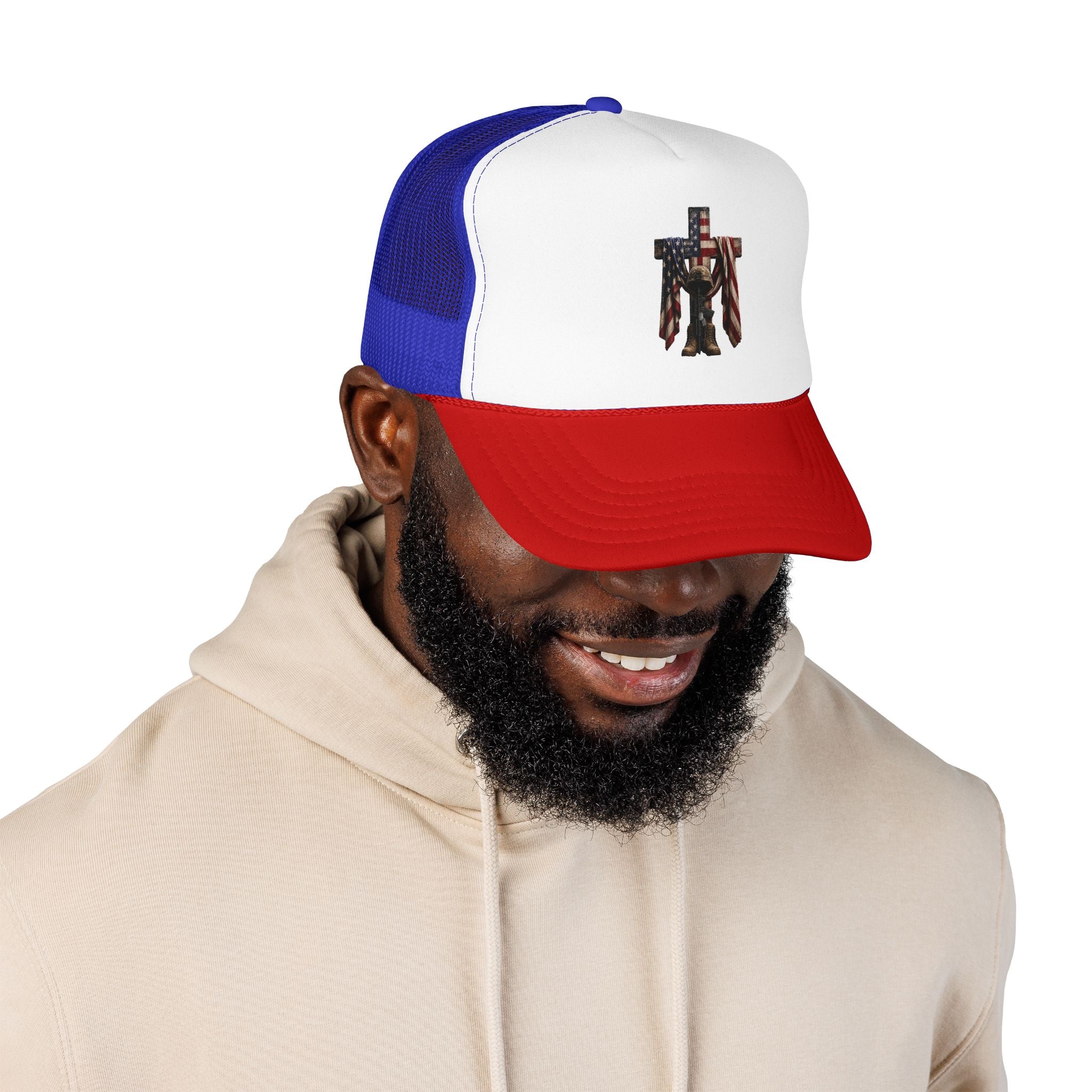 Trucker Hat — American Flag Cross with Soldier Memorial Design