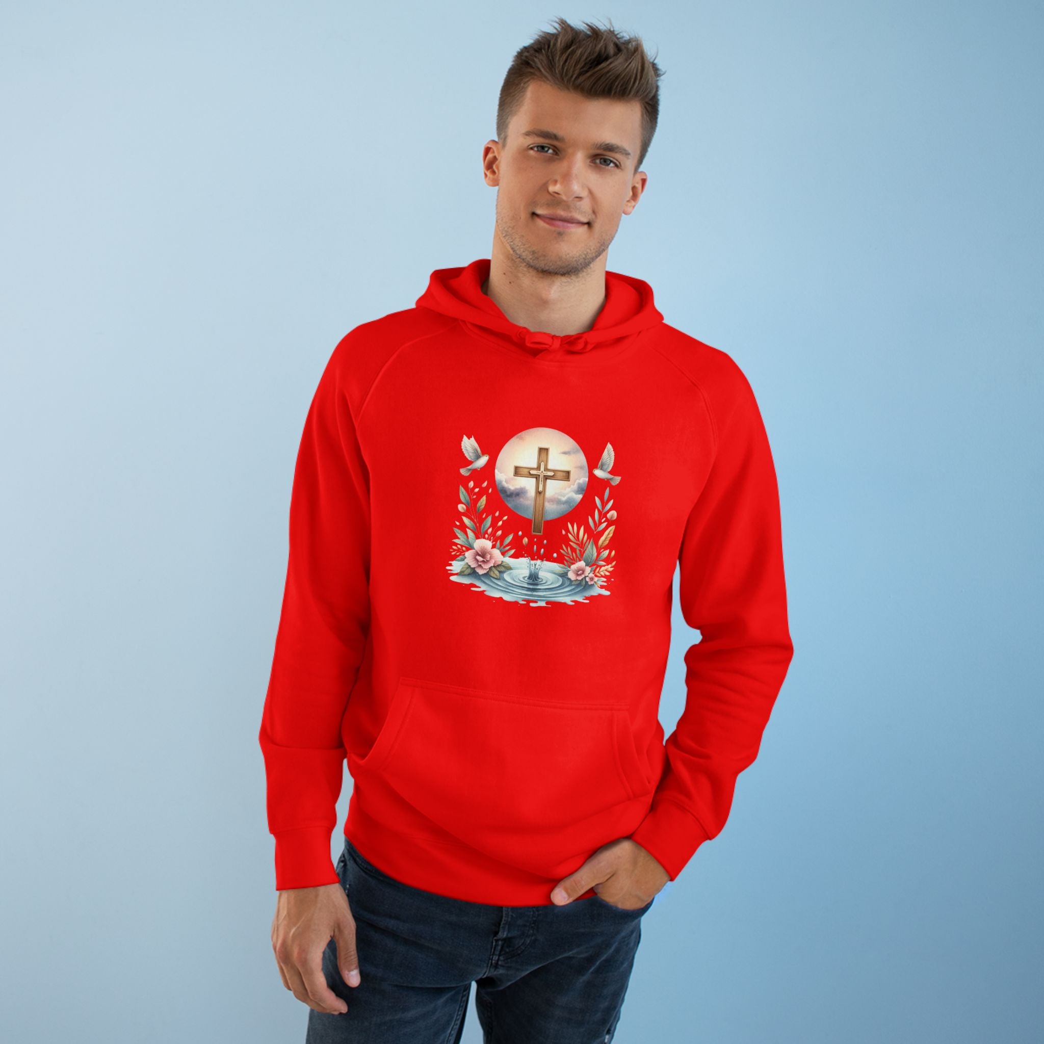 Christian Cross Floral Hoodie – Faith, Doves & Water Illustration