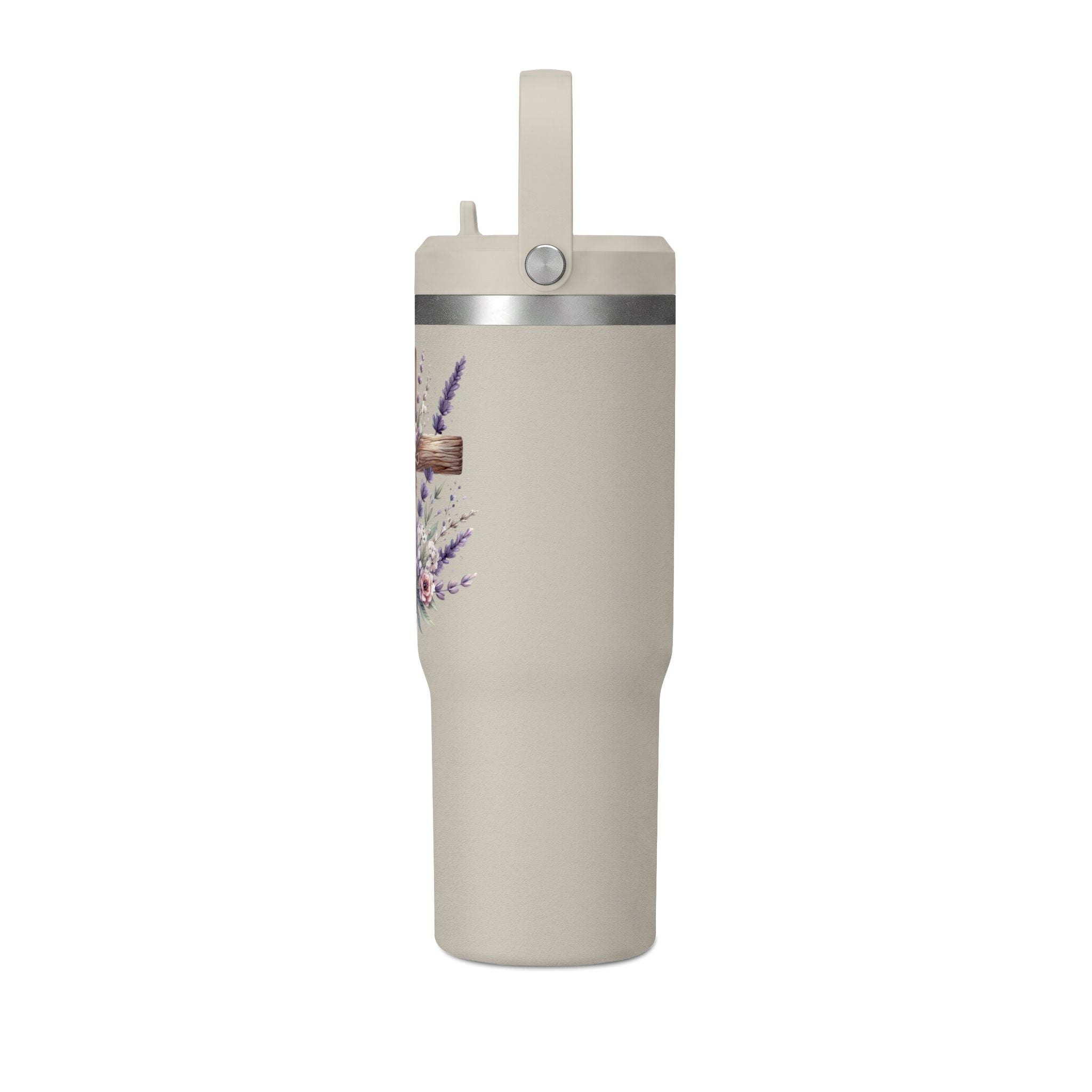 32oz Tumbler with Floral Cross Design — Christian Hydration Bottle | Lavender & Rose Nomad Tumbler