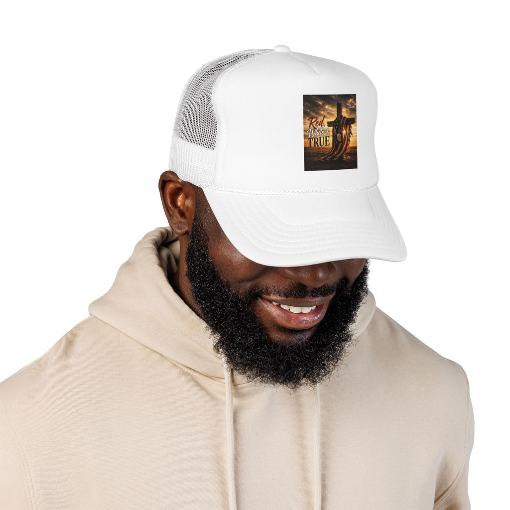 Trucker Hat — "God Made A Farmer" Cross Sunset Foam Trucker Hat