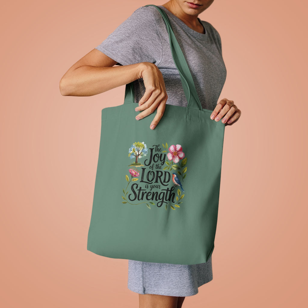 Floral Scripture Tote Bag — "The Joy of the Lord Is Your Strength" Cotton Shopper