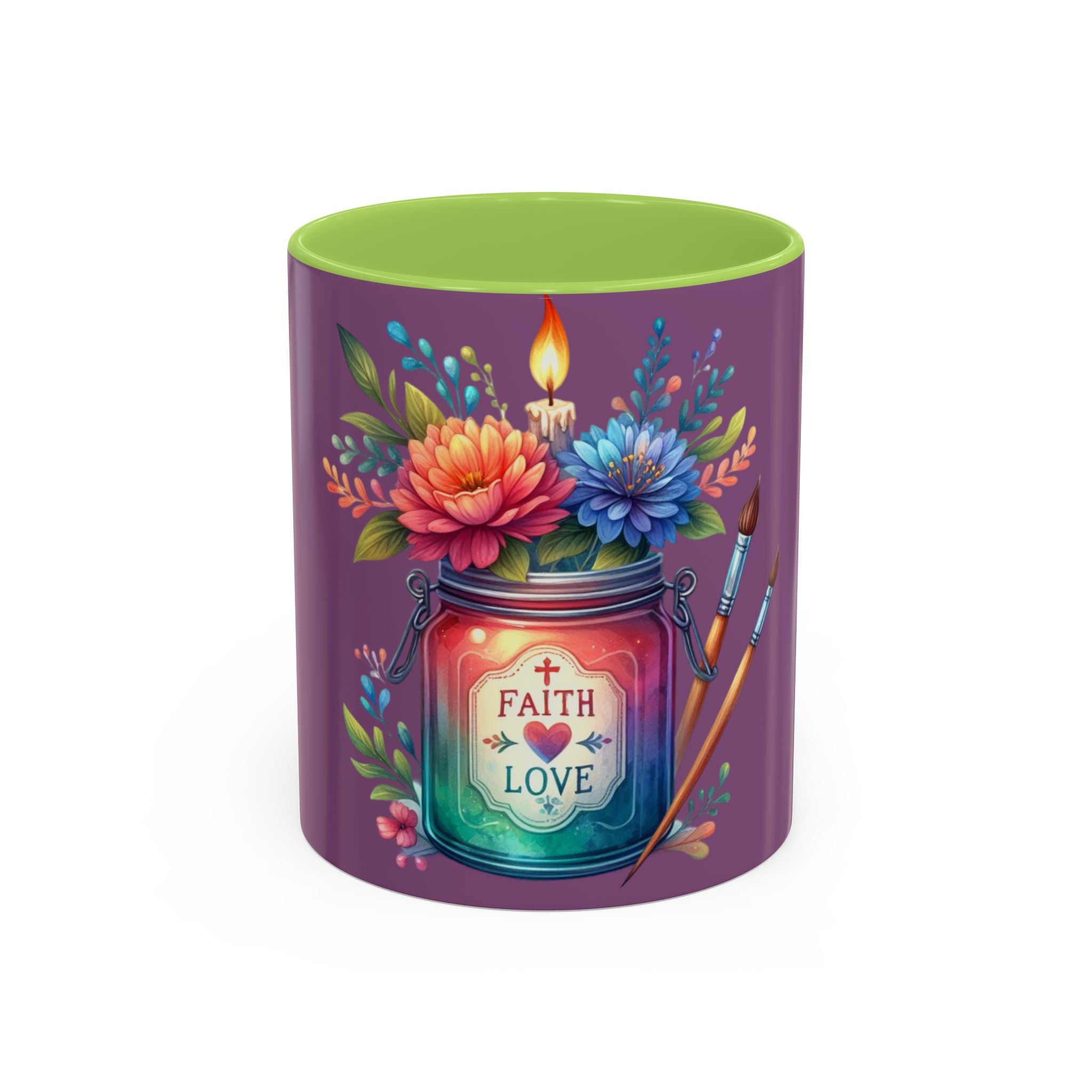 Faith & Love Floral Accent Coffee Mug — Colorful Candle Jar Design (11/15oz)