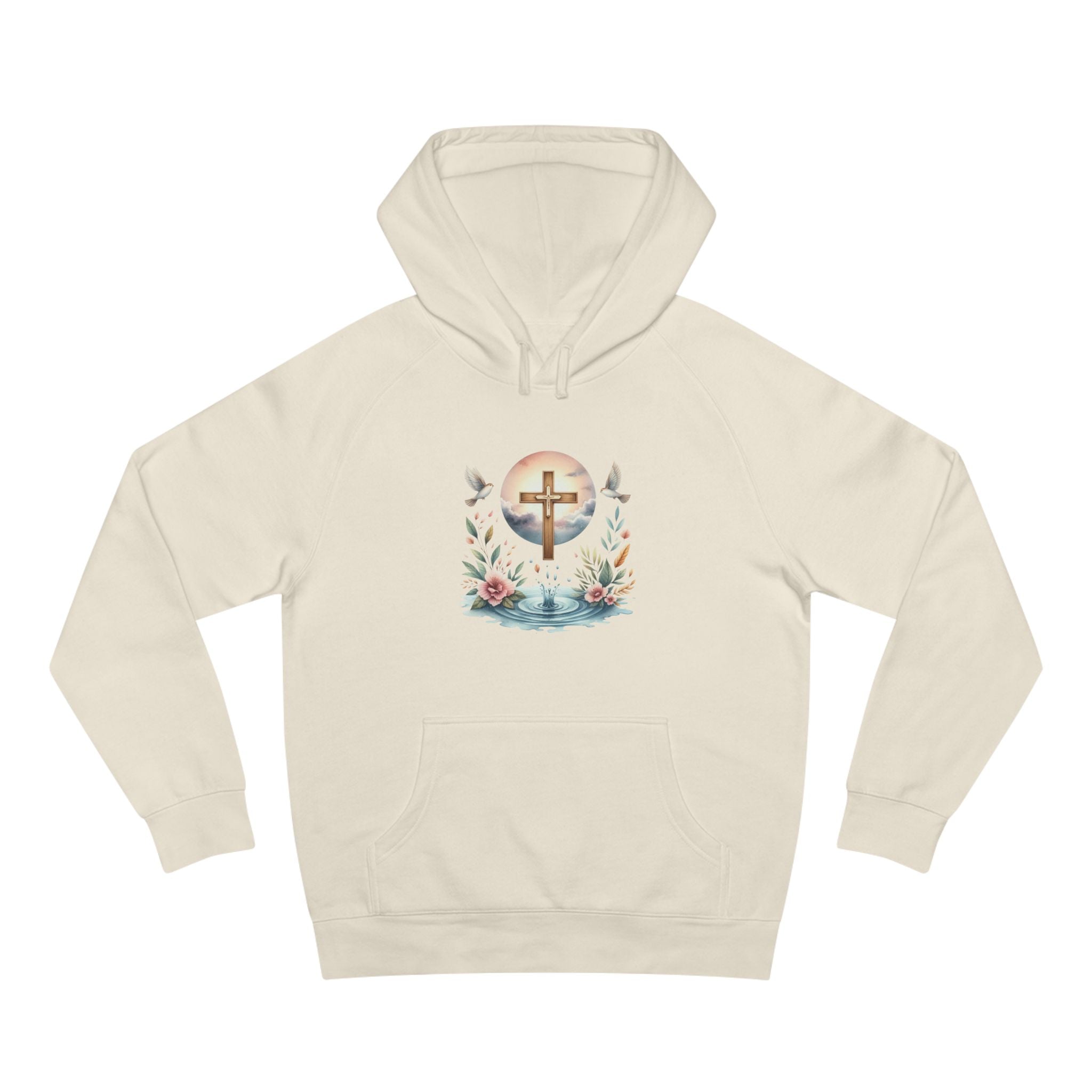 Christian Cross Floral Hoodie – Faith, Doves & Water Illustration