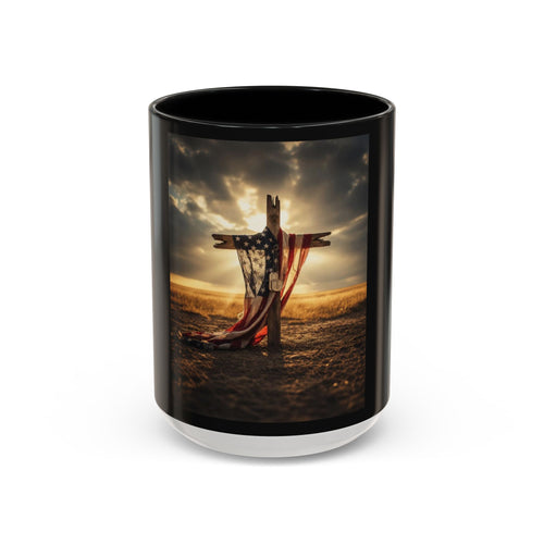 American Flag Cross Coffee Mug — Patriotic Religious Tribute Accent Mug