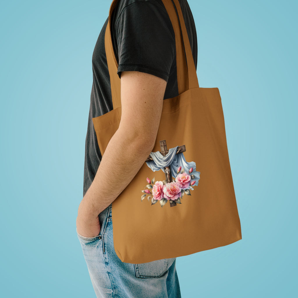 Religious Cross & Roses Cotton Tote Bag — Faith Floral Market Bag