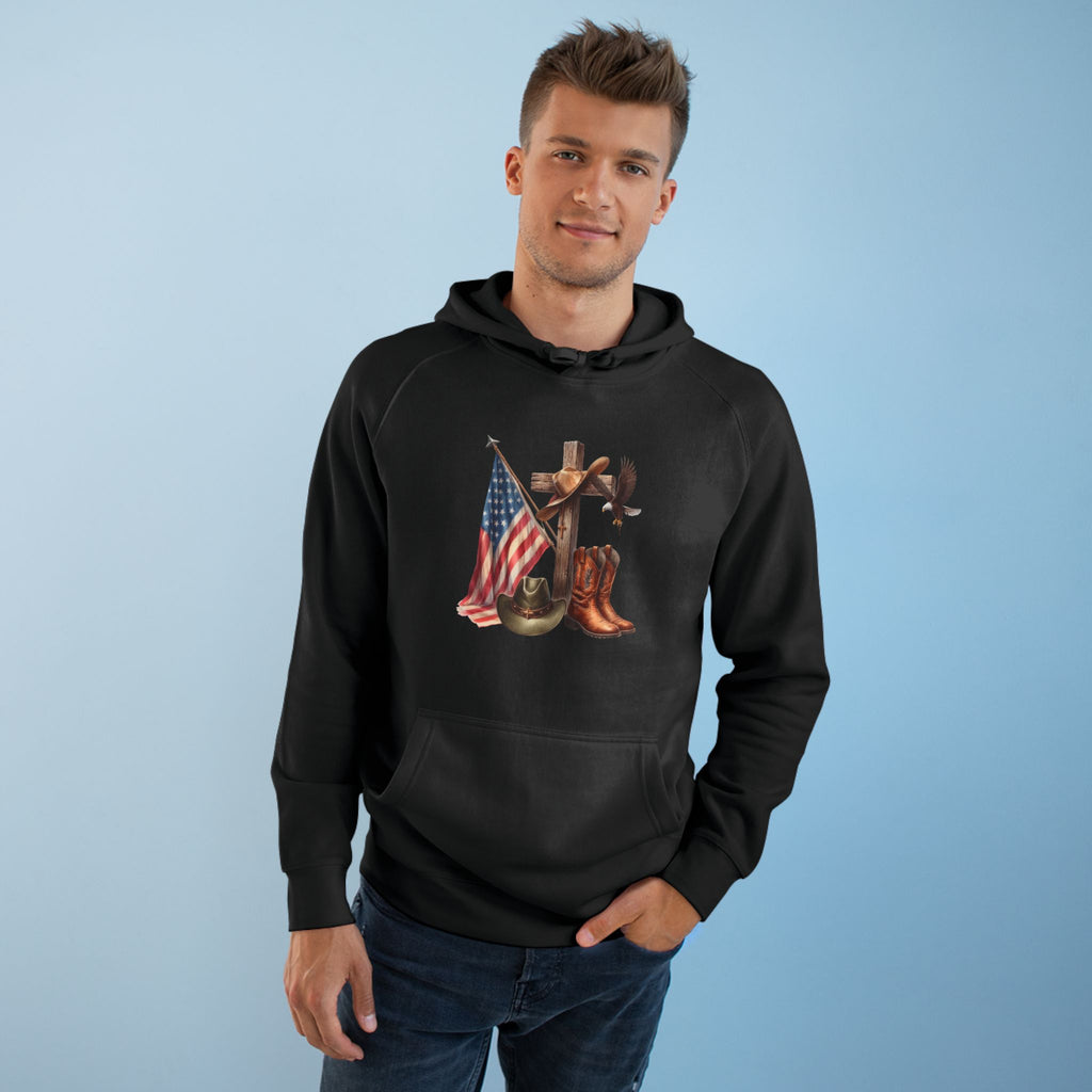 Patriotic Western Hoodie – American Flag, Cowboy Boots & Cross Graphic