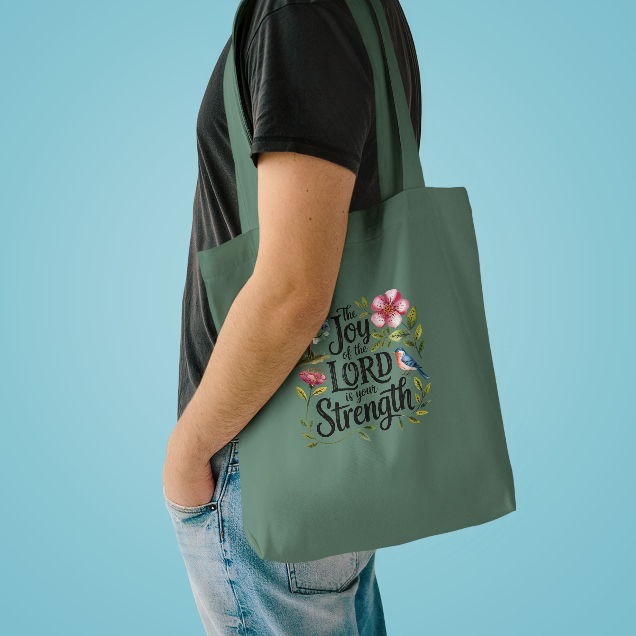 Floral Scripture Tote Bag — "The Joy of the Lord Is Your Strength" Cotton Shopper