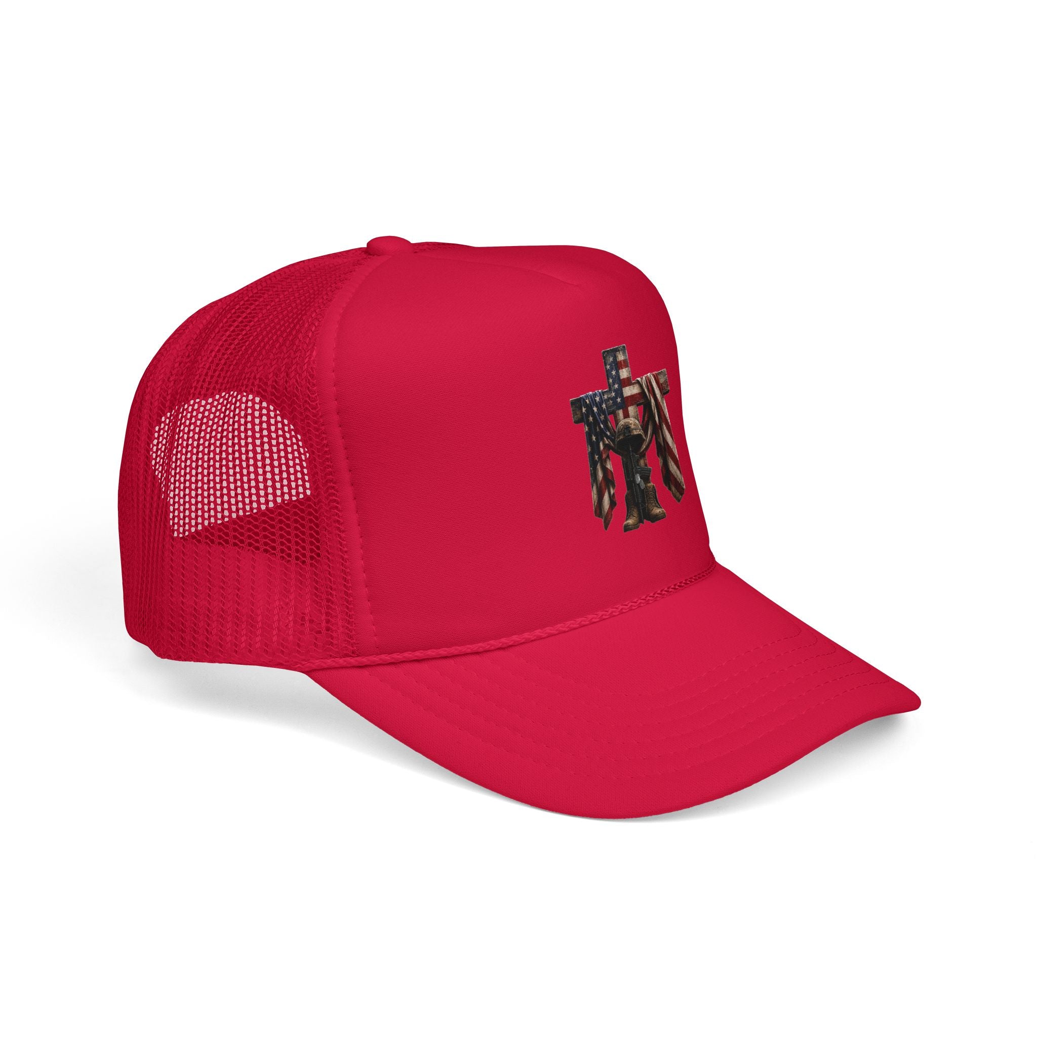 Trucker Hat — American Flag Cross with Soldier Memorial Design