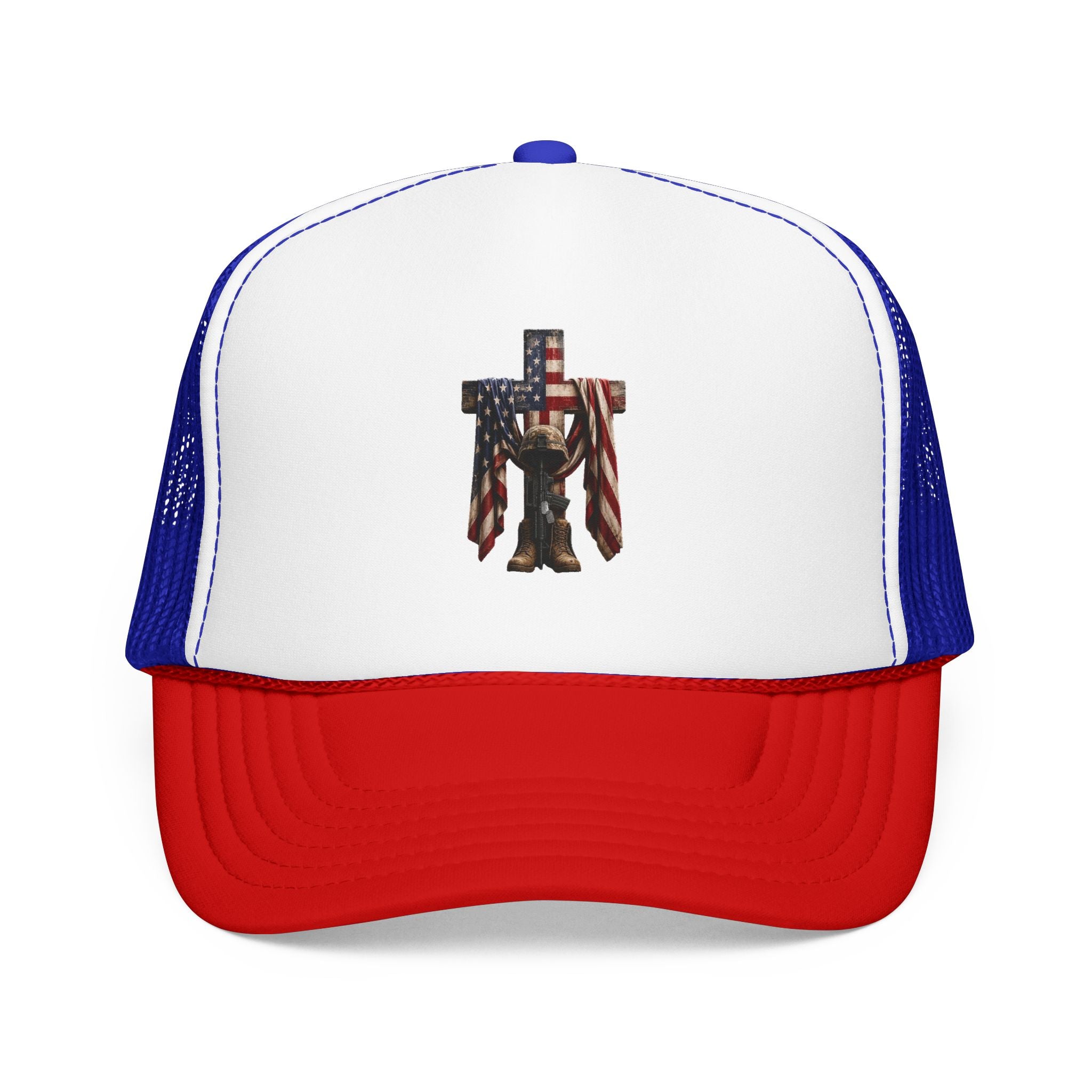 Trucker Hat — American Flag Cross with Soldier Memorial Design