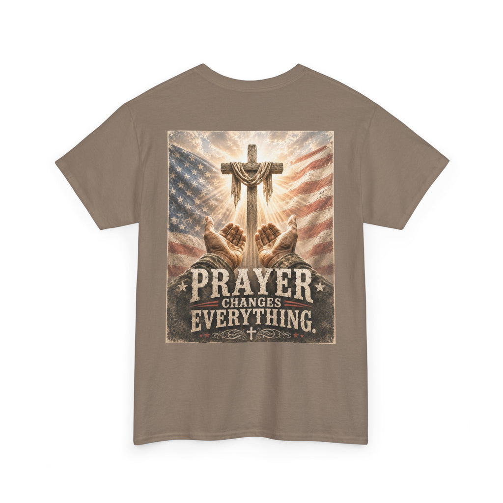 Prayer Changes Everything T-Shirt — Christian Faith Cross & American Flag Tee