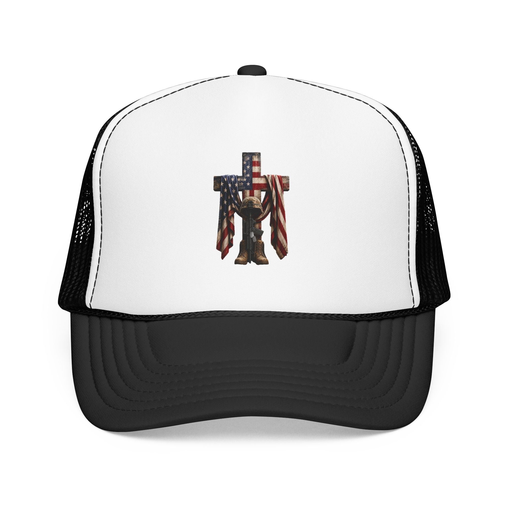 Trucker Hat — American Flag Cross with Soldier Memorial Design