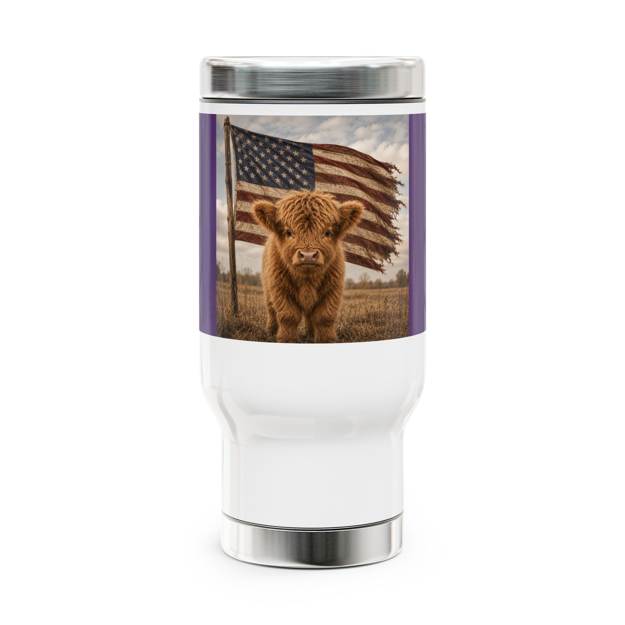 American Farmhouse Travel Mug — Highland Calf with Flag, 14oz Stainless Steel