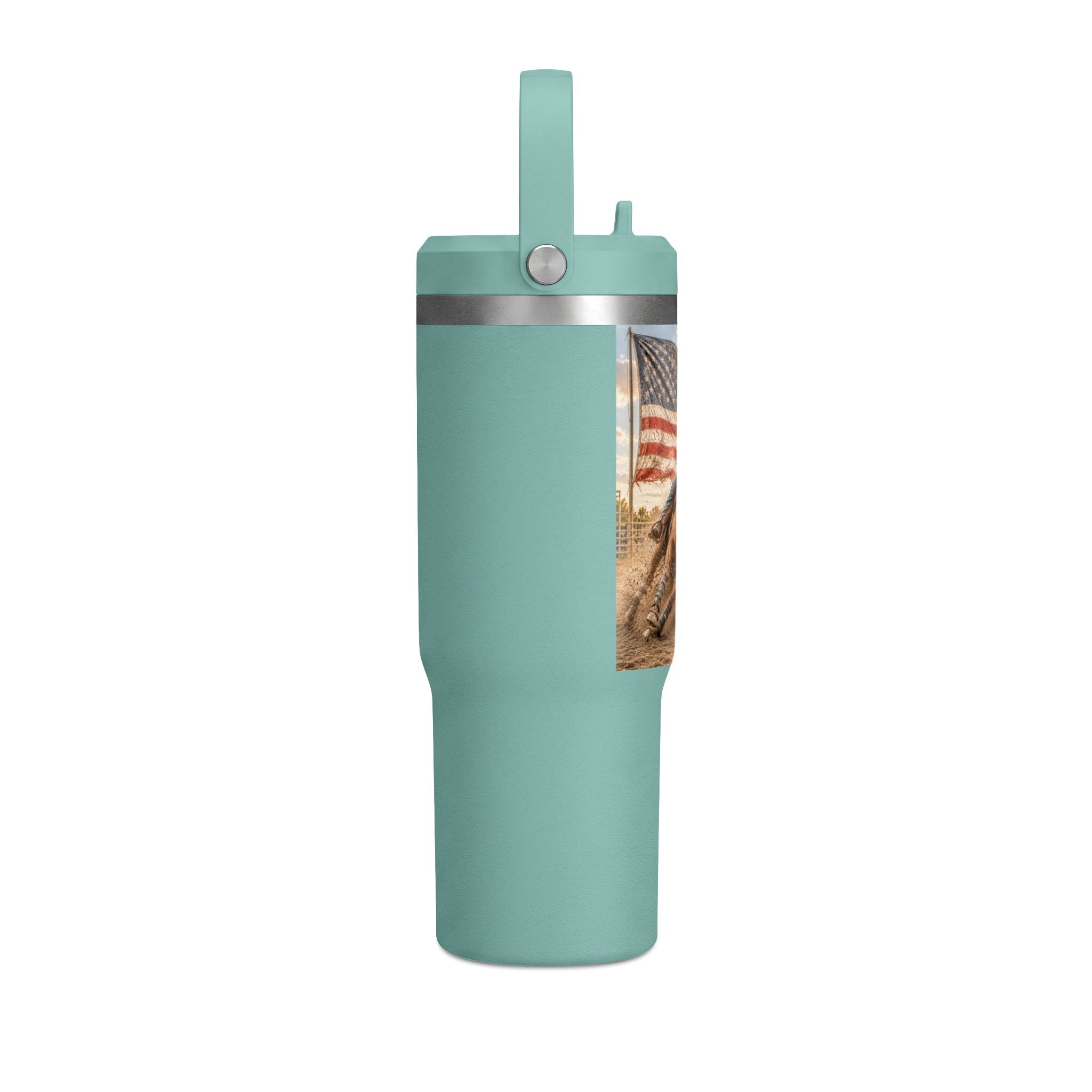 American Rodeo 32oz Tumbler – Horse Barrel Racing with Flag Design