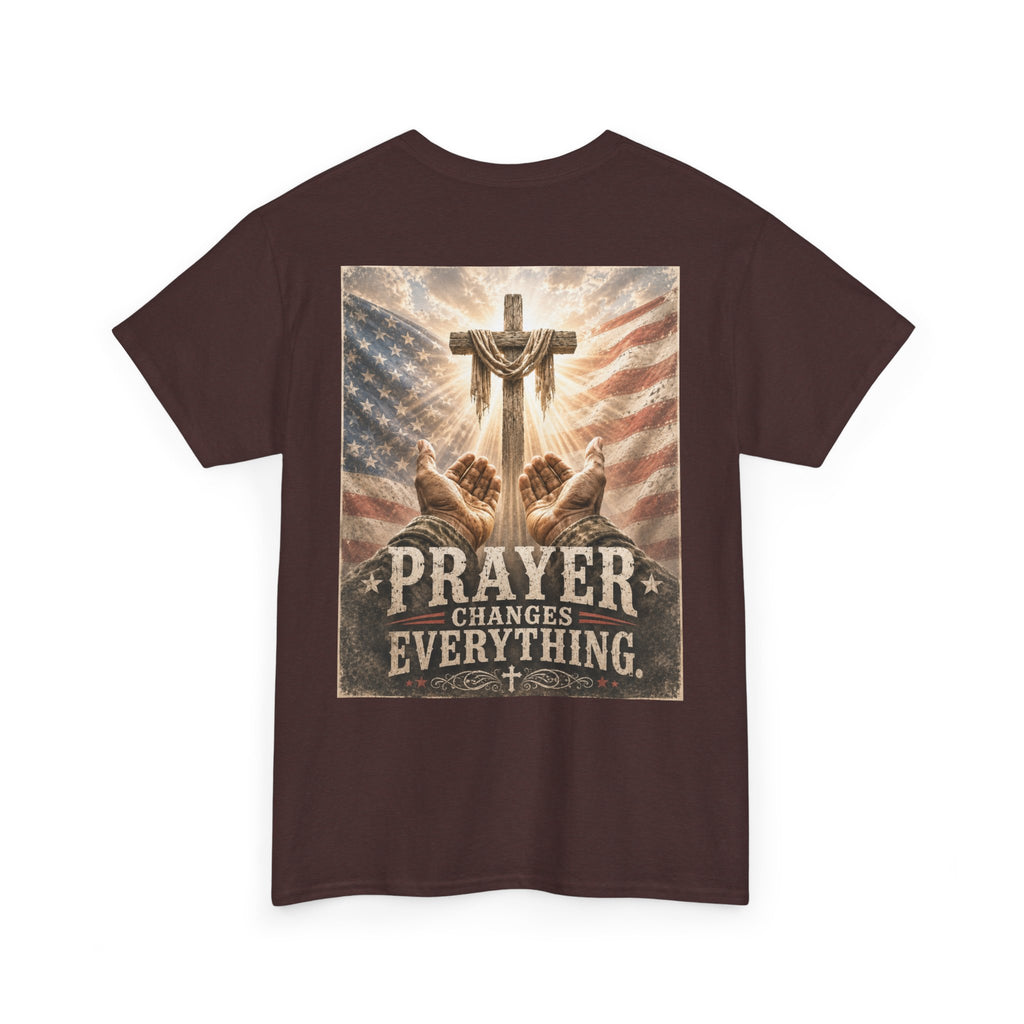Prayer Changes Everything T-Shirt — Christian Faith Cross & American Flag Tee