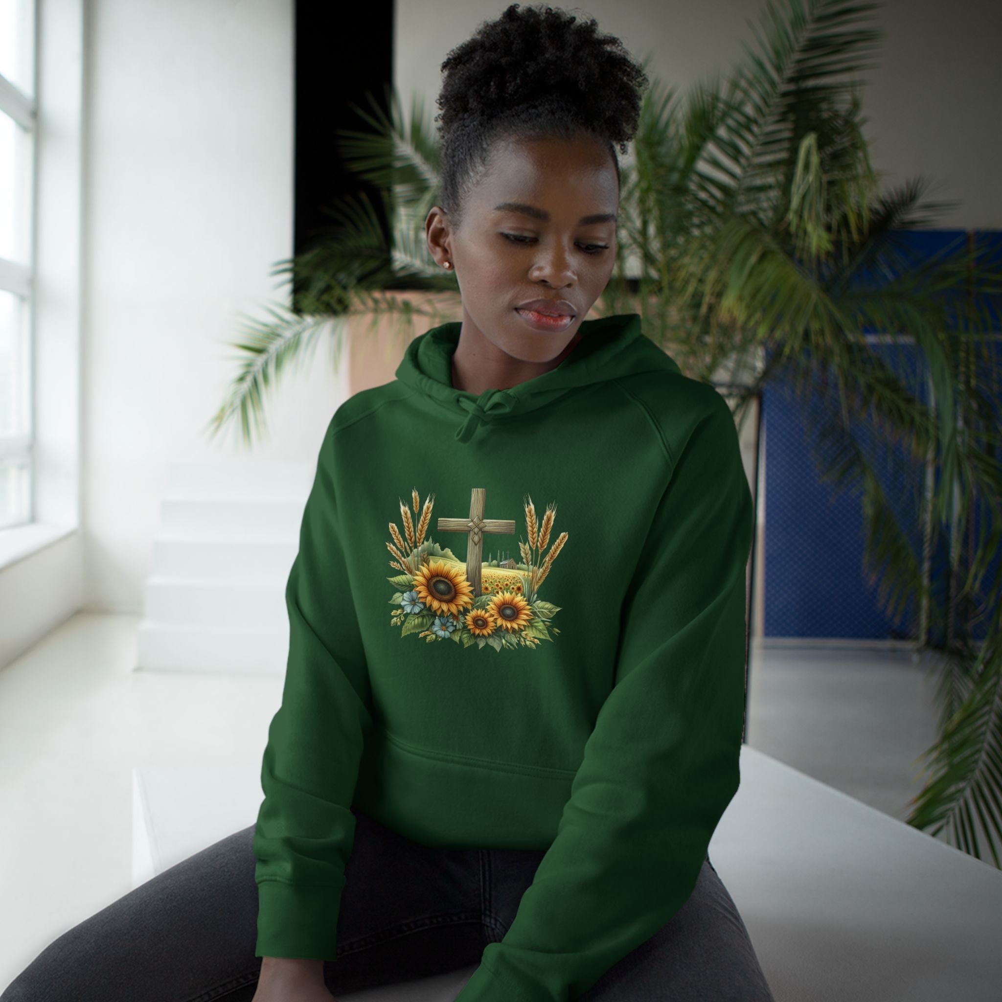 Sunflower Cross Hoodie — Christian Faith Floral Pullover