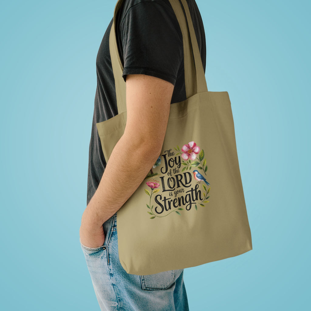 Floral Scripture Tote Bag — "The Joy of the Lord Is Your Strength" Cotton Shopper