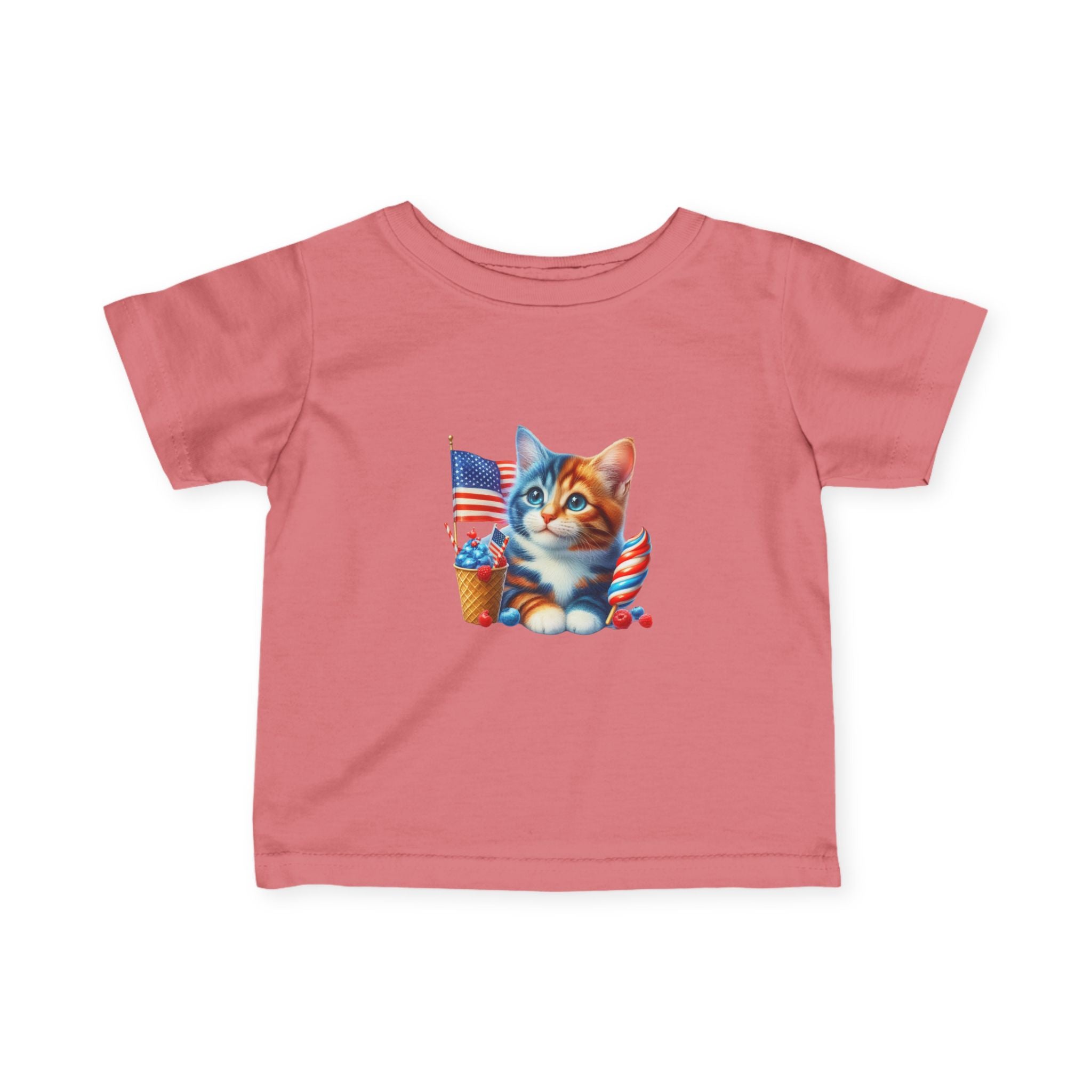 Infant Tee — Patriotic Kitten with Flags & Ice Cream (4th of July Baby Shirt)