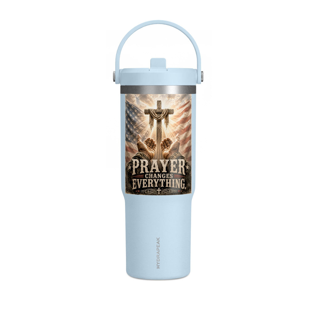 Prayer Changes Everything 32oz Tumbler - Christian Cross & American Flag Travel Cup