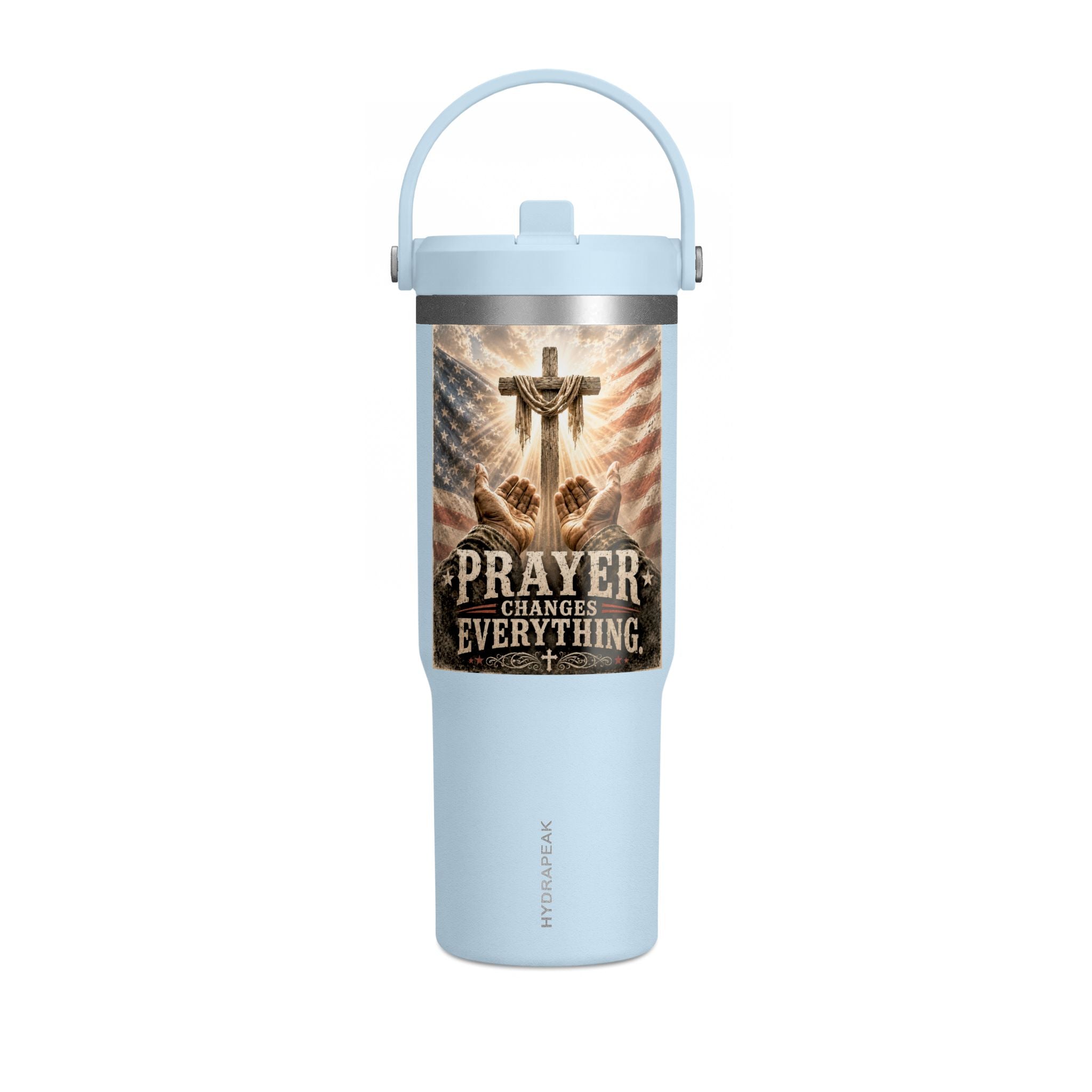Prayer Changes Everything 32oz Tumbler - Christian Cross & American Flag Travel Cup