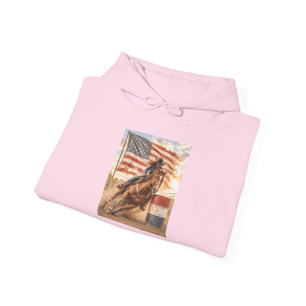 Patriotic Rodeo Horse Hoodie – American Flag Cowboy Pulled by Horse Pullover
