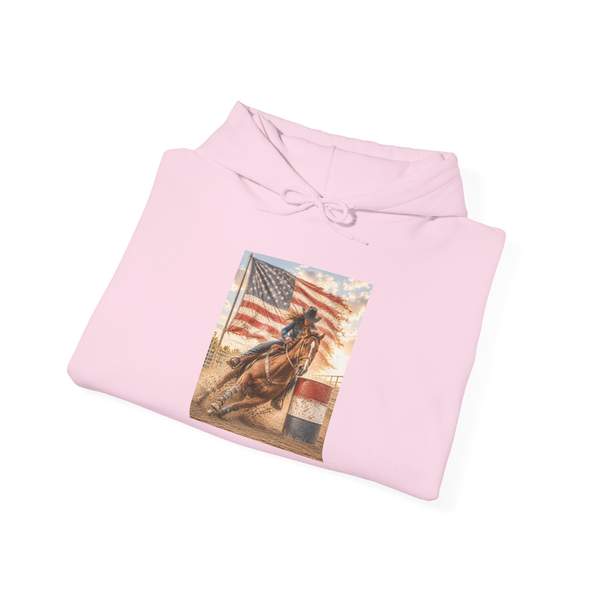 Patriotic Rodeo Horse Hoodie – American Flag Cowboy Pulled by Horse Pullover
