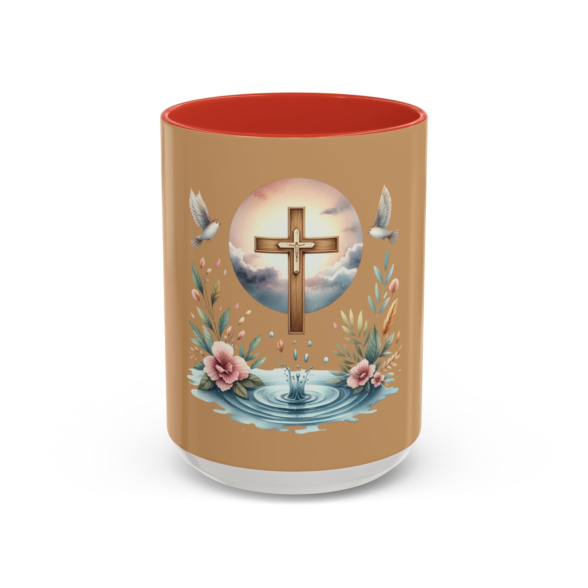 Christian Cross Accent Coffee Mug — Faith, Doves & Floral Baptism Gift (11/15oz)