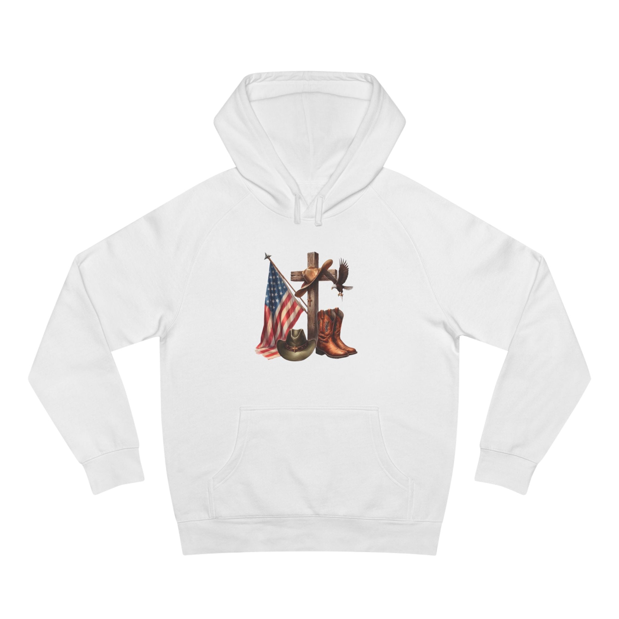 Patriotic Western Hoodie – American Flag, Cowboy Boots & Cross Graphic