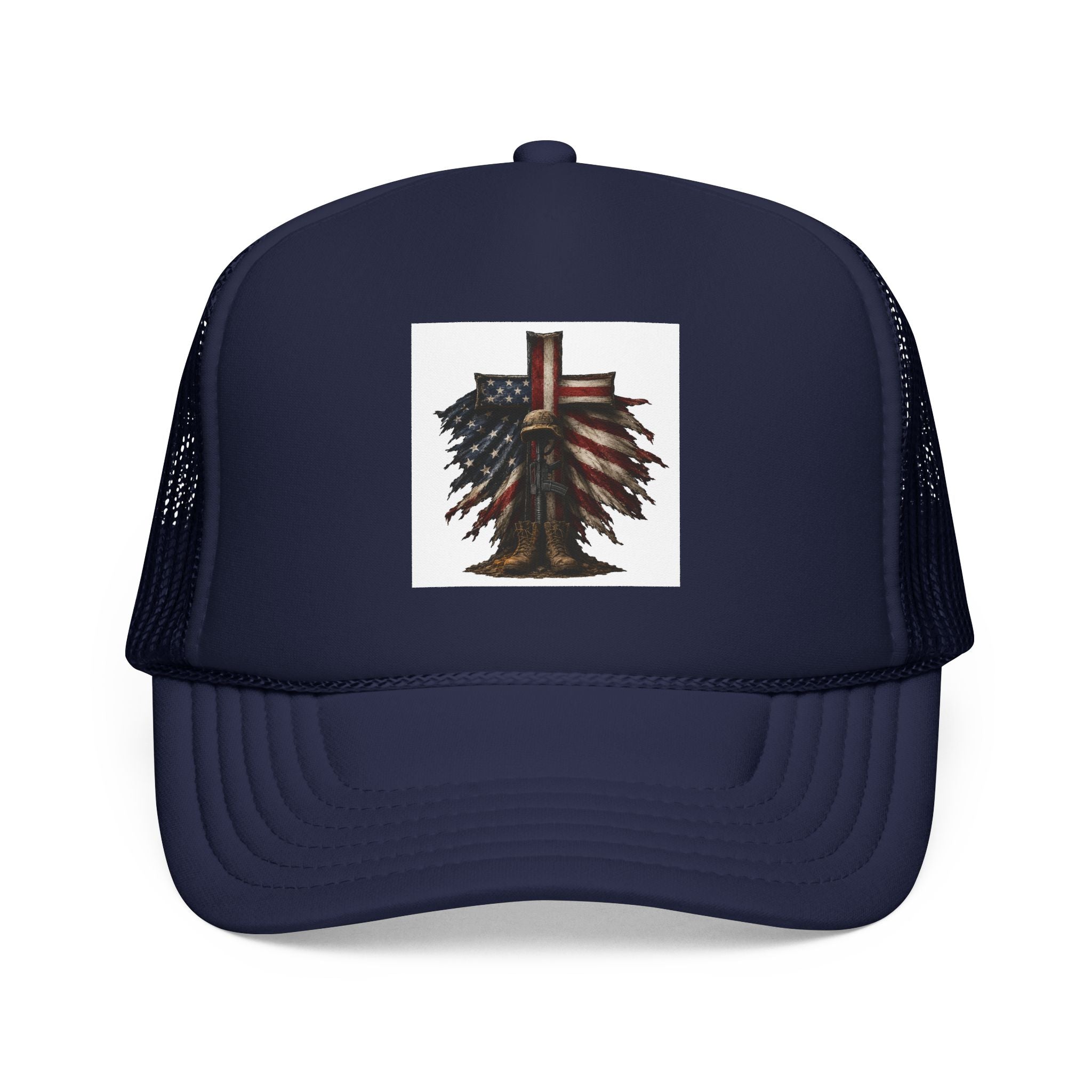Patriotic Cross Trucker Hat — American Flag Feather Cross Foam Cap