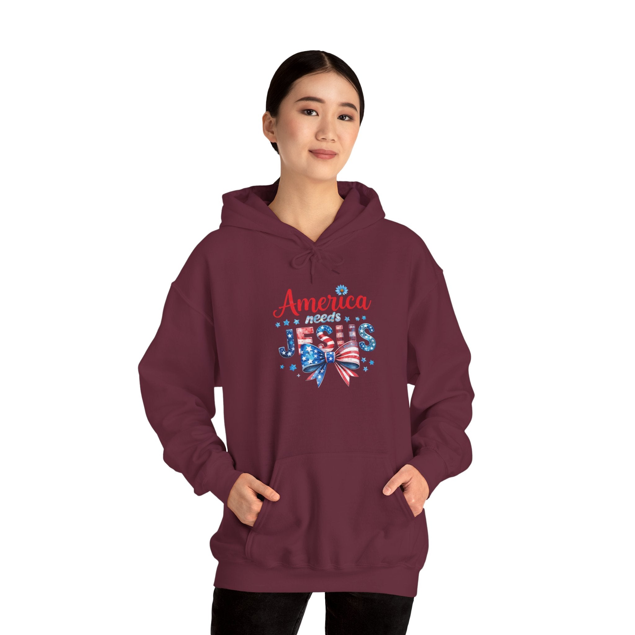 America Loves Jesus Patriotic Hoodie – Flag Bow Christian Sweatshirt