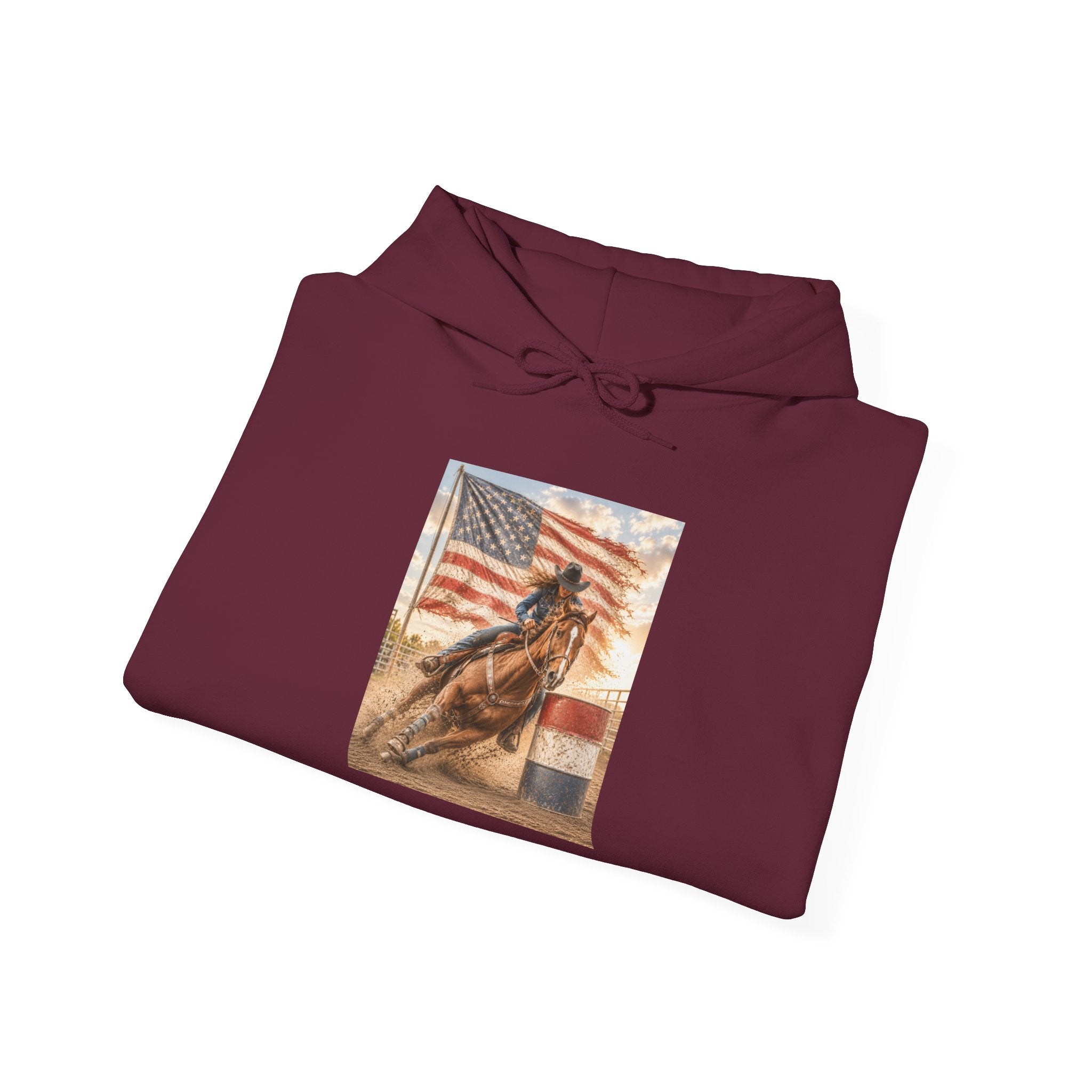 Patriotic Rodeo Horse Hoodie – American Flag Cowboy Pulled by Horse Pullover