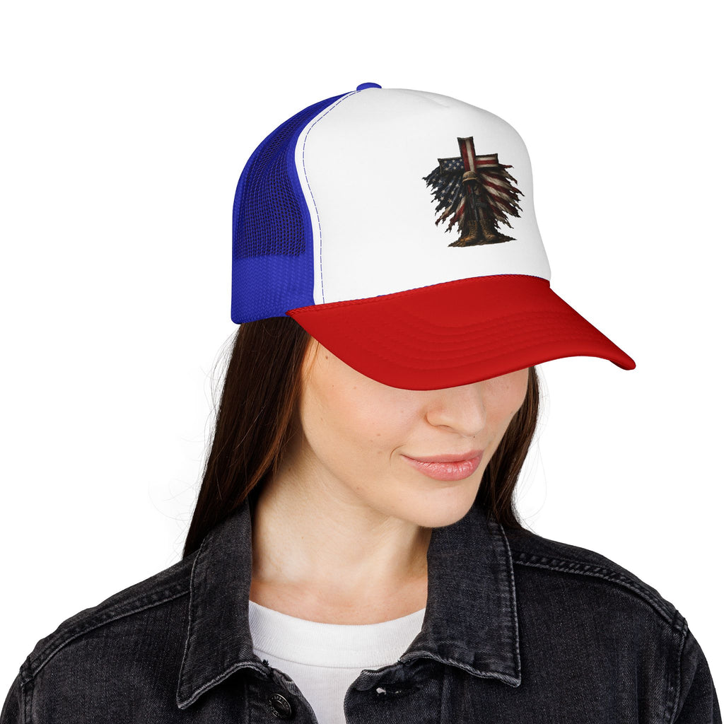 Patriotic Cross Trucker Hat — American Flag Feather Cross Foam Cap