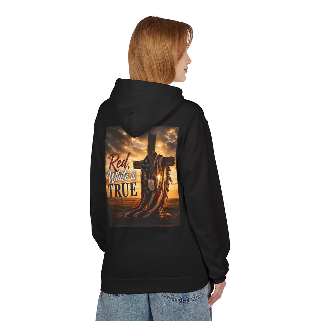 Red White & True Hoodie — Patriotic Cross Sunset Pullover