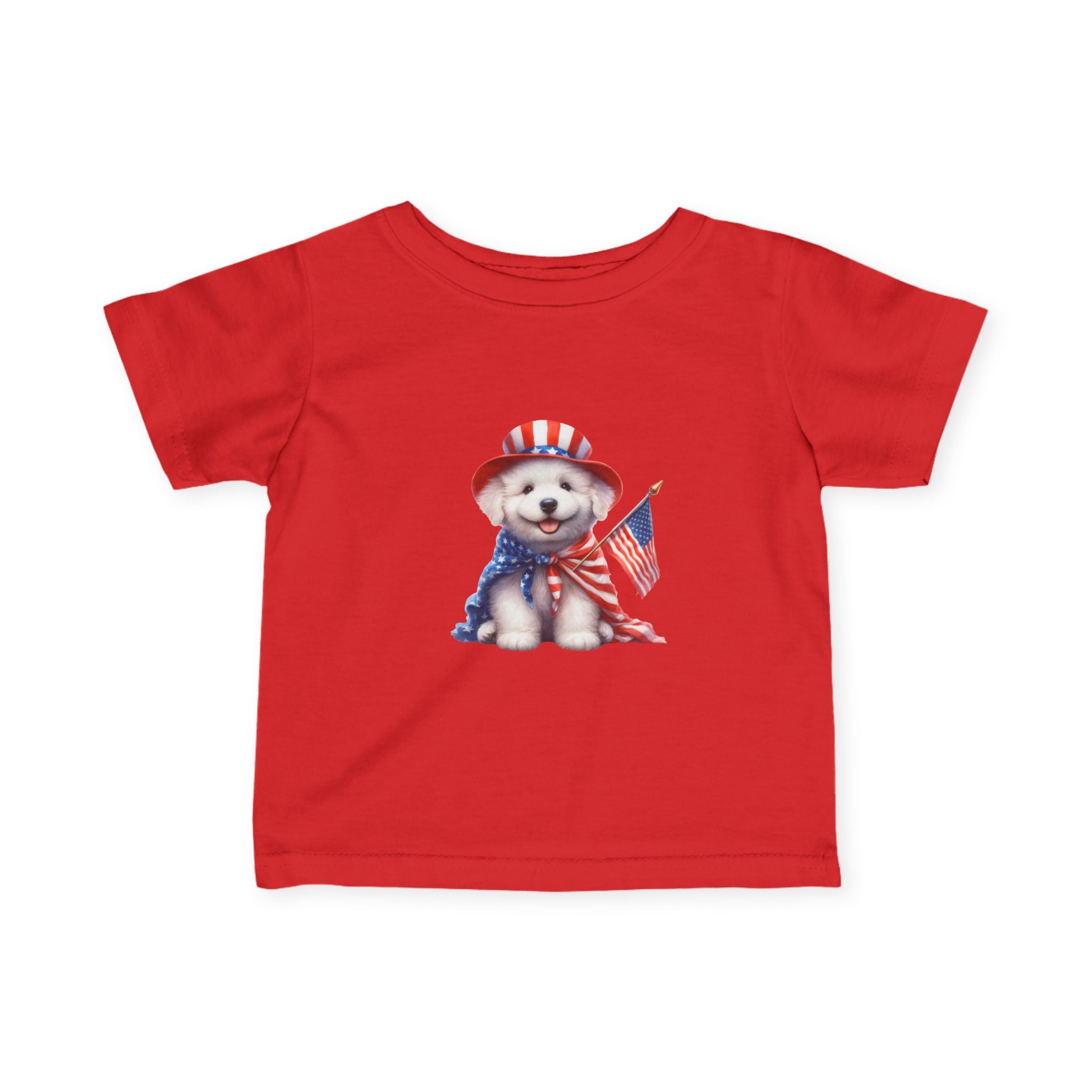 Infant Tee – Patriotic Puppy with American Flag (4th of July Baby Shirt)