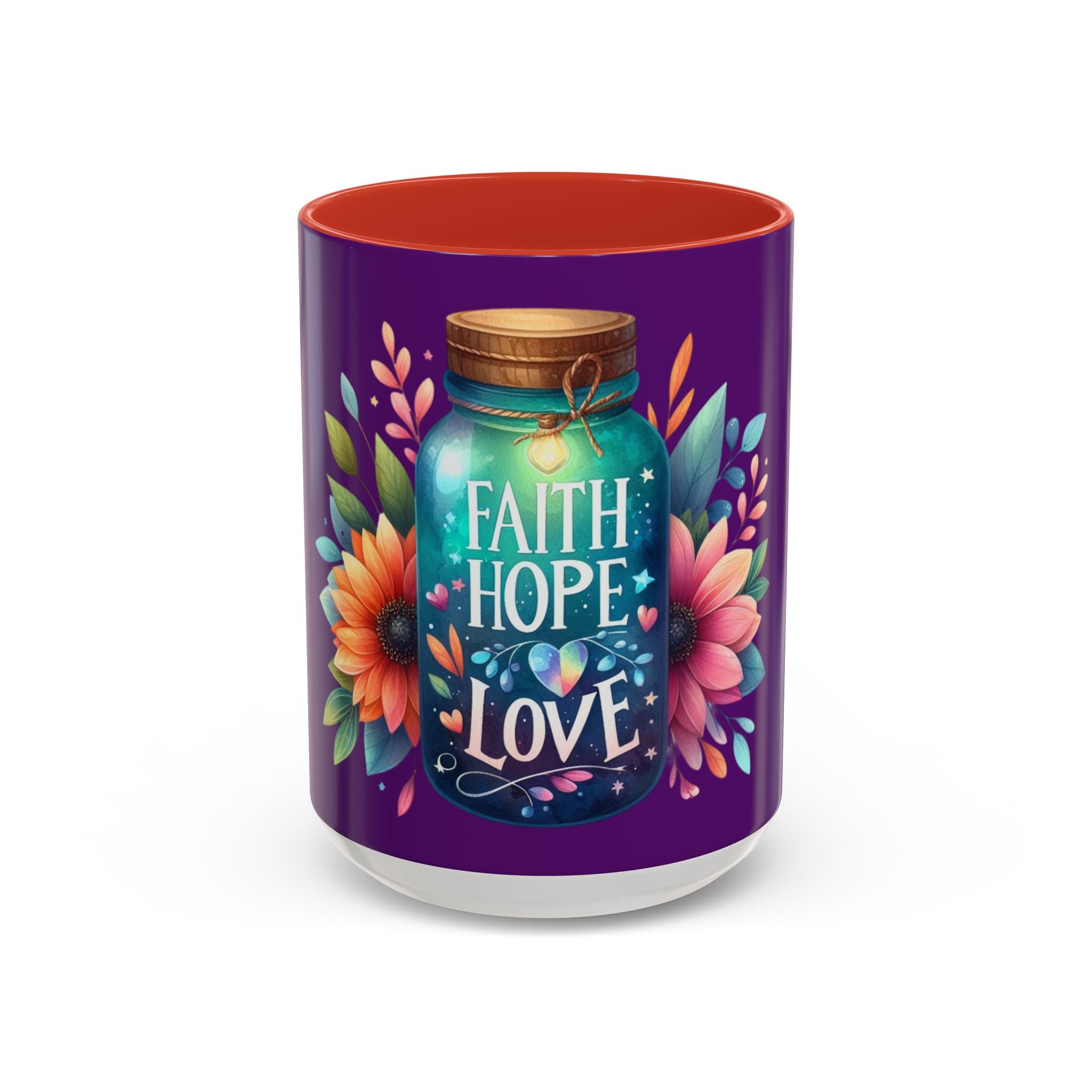Faith Hope Love Accent Coffee Mug — Floral Jar Design (11/15 oz)