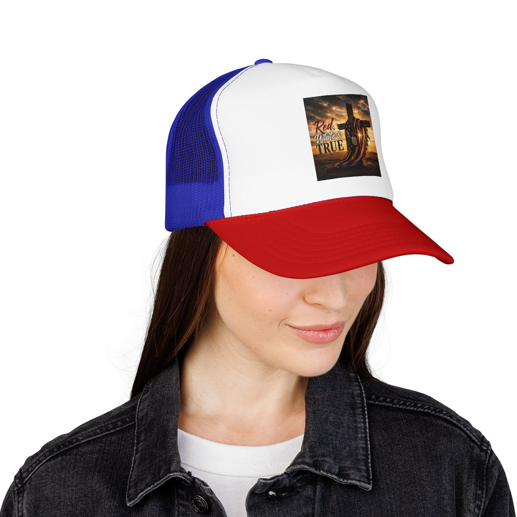 Trucker Hat — "God Made A Farmer" Cross Sunset Foam Trucker Hat