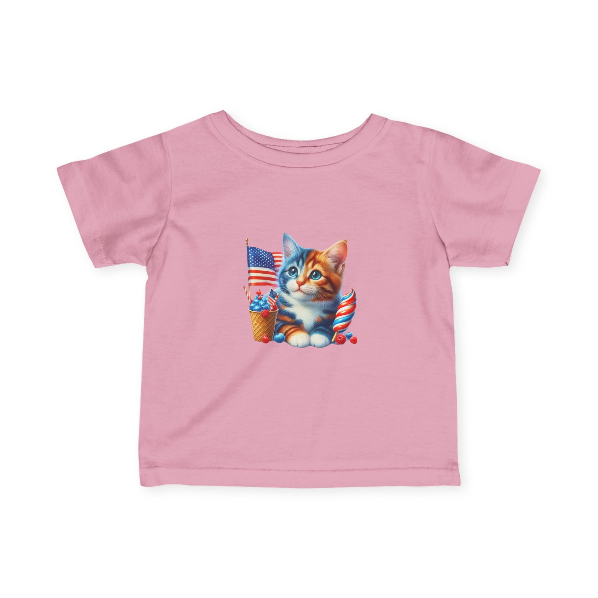 Infant Tee — Patriotic Kitten with Flags & Ice Cream (4th of July Baby Shirt)