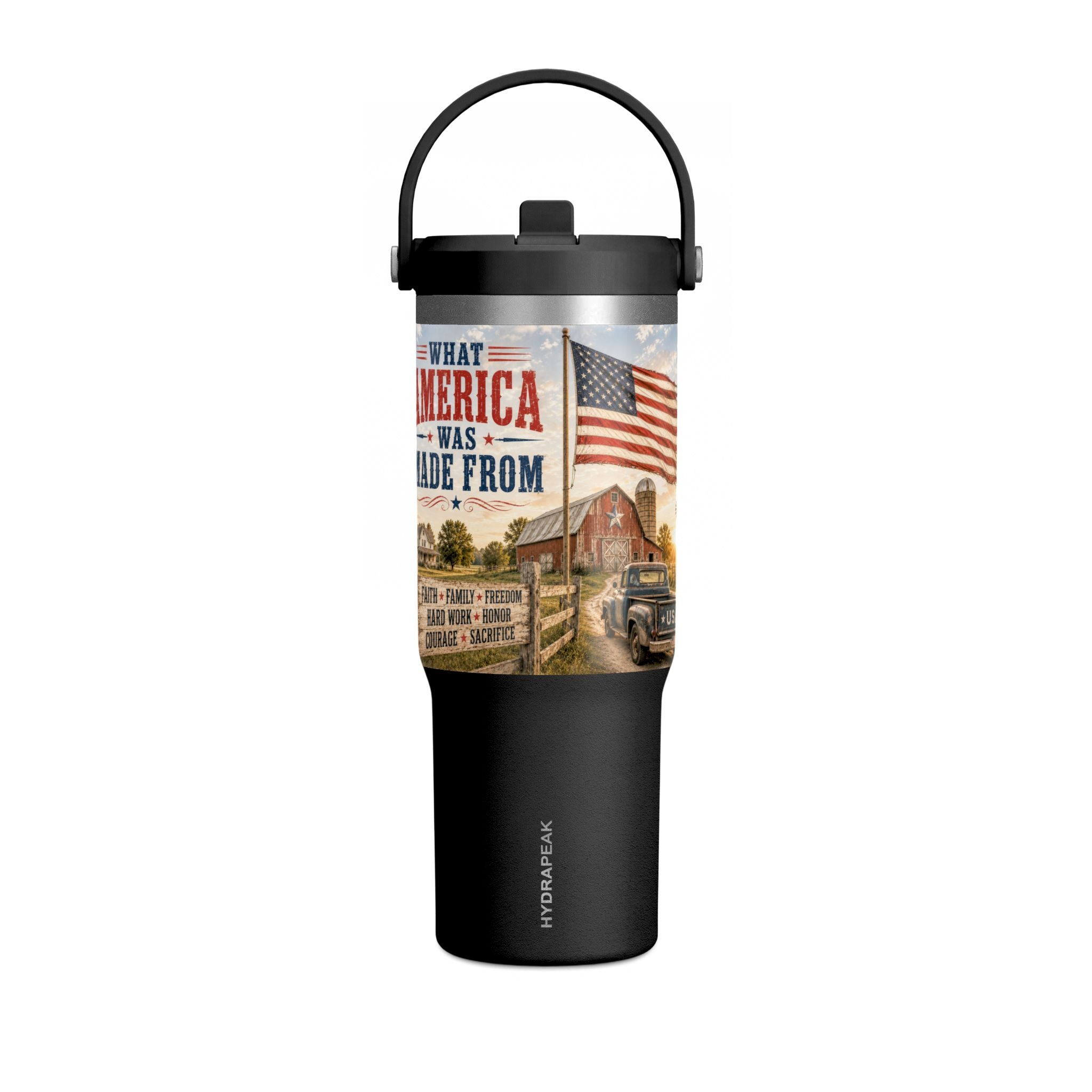 32oz Insulated Tumbler — Rustic 'What America Was Made From' Farm Flag Design
