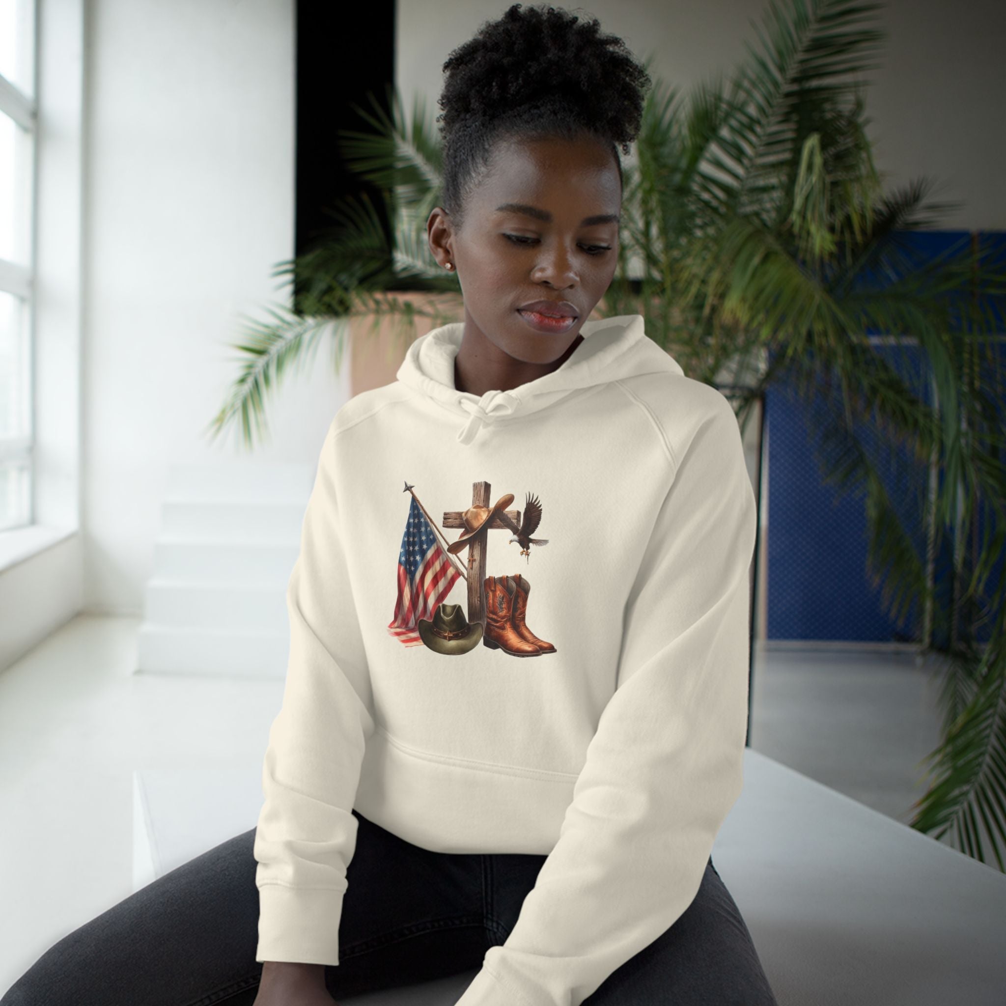 Patriotic Western Hoodie – American Flag, Cowboy Boots & Cross Graphic