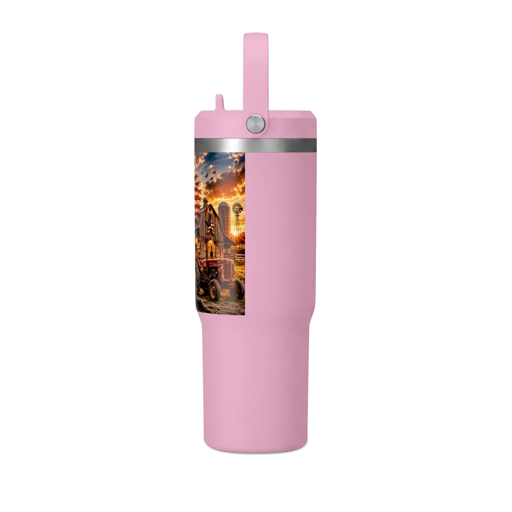 32oz Nomad Tumbler — Patriotic American Flag & Rustic Farm Scene Insulated Travel Mug