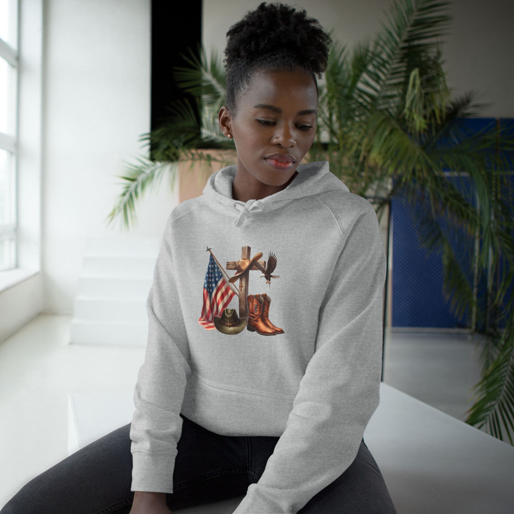 Patriotic Western Hoodie – American Flag, Cowboy Boots & Cross Graphic