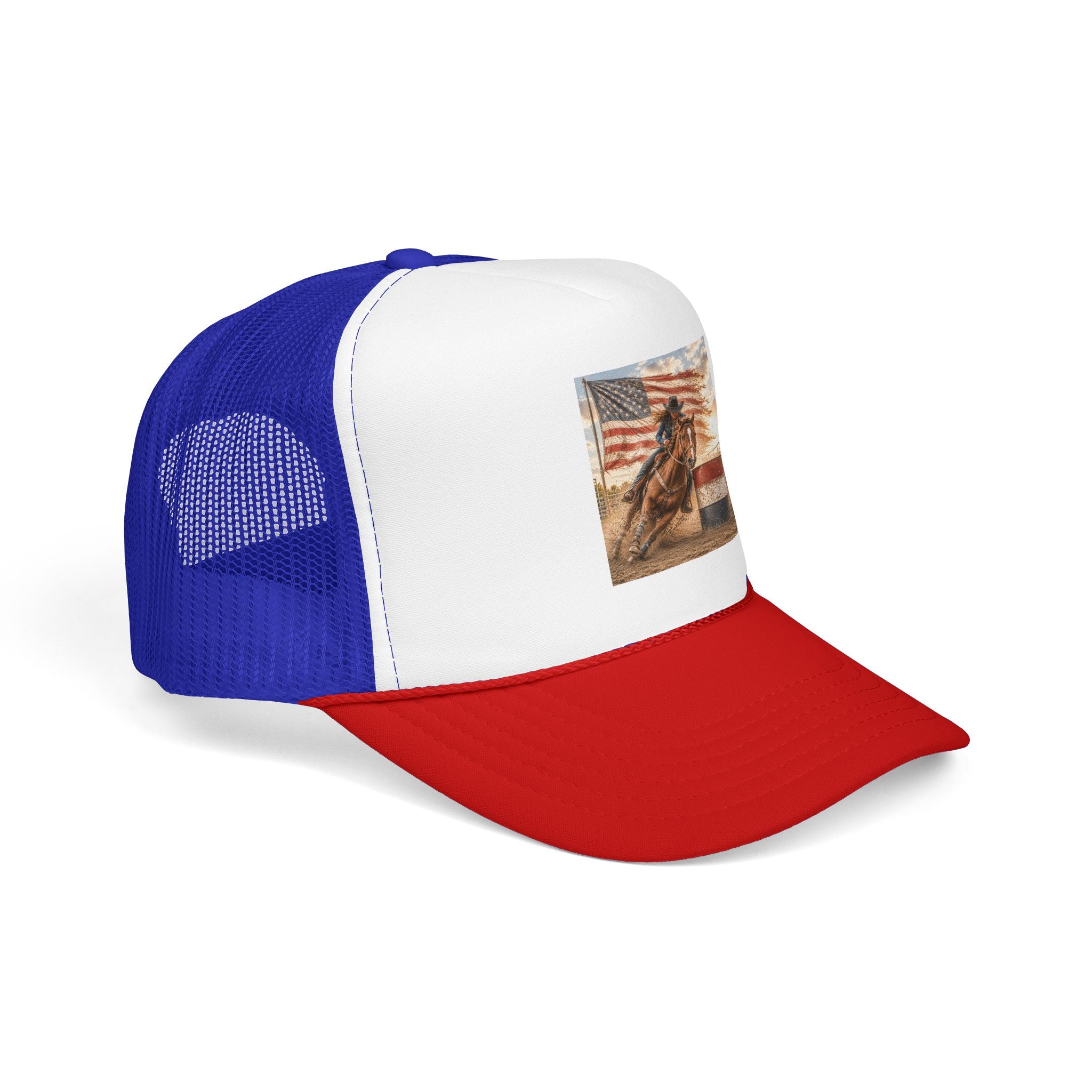 Western Rodeo Trucker Hat — Barrel Racing Horse with American Flag
