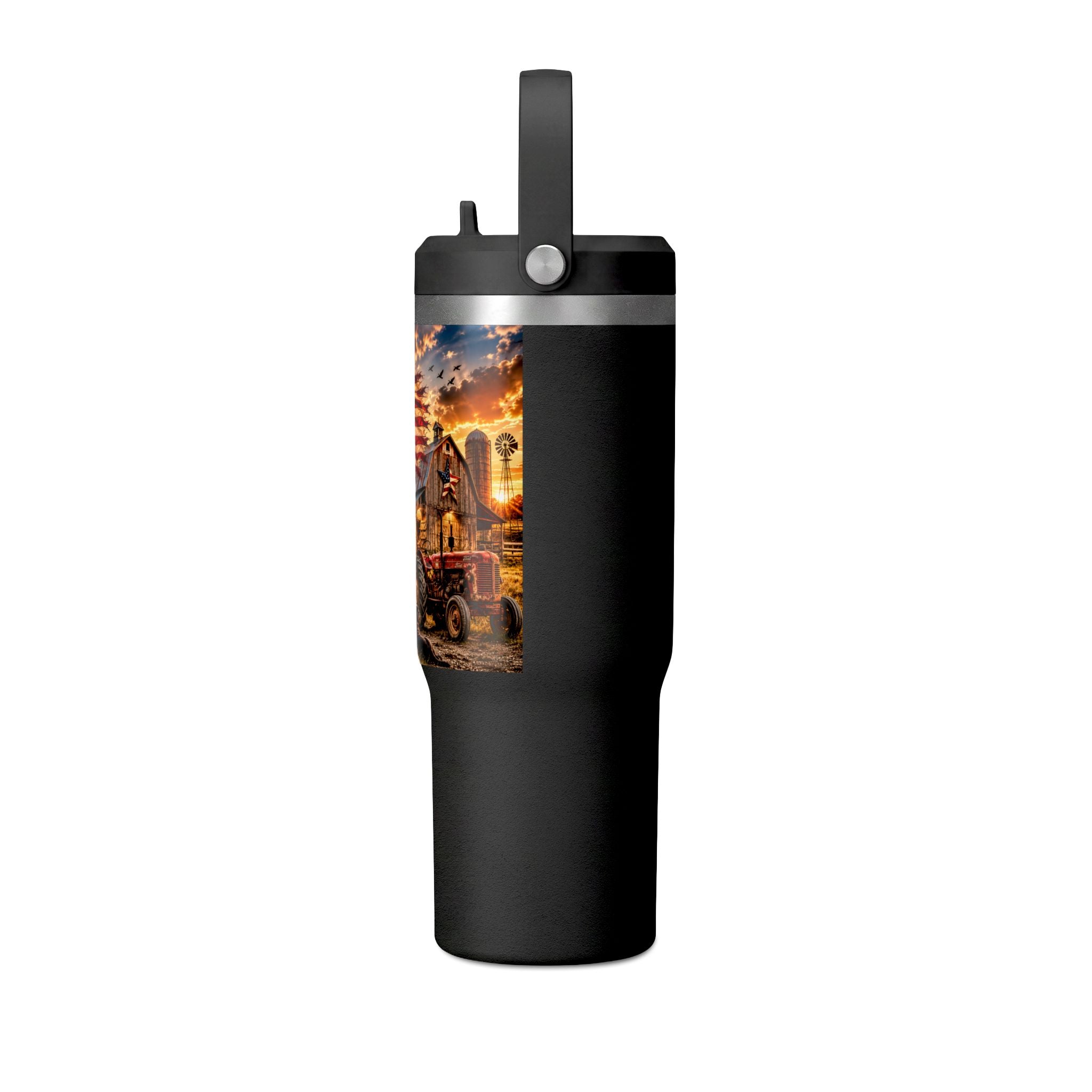 32oz Nomad Tumbler — Patriotic American Flag & Rustic Farm Scene Insulated Travel Mug