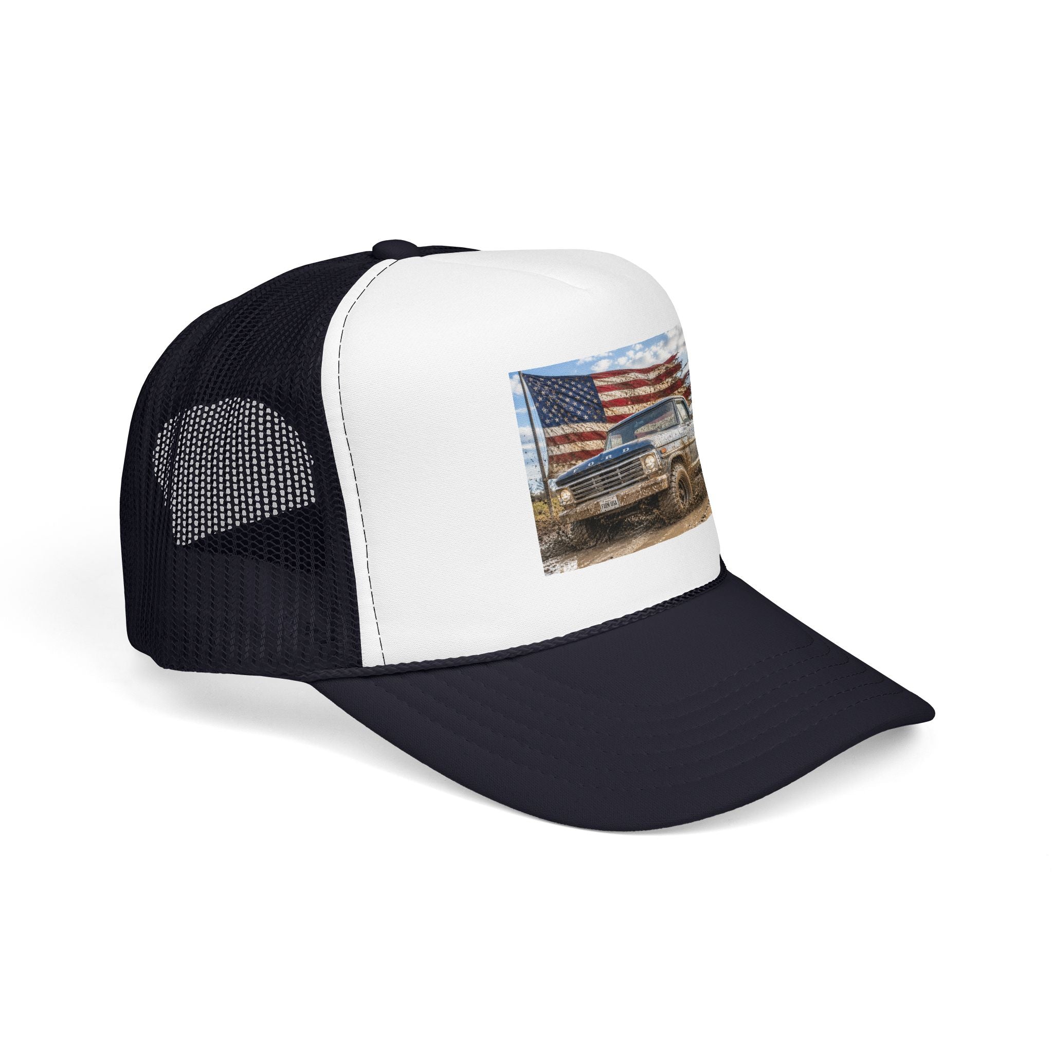 Patriotic Mud Truck Trucker Hat — American Flag Off-Road Foam Cap